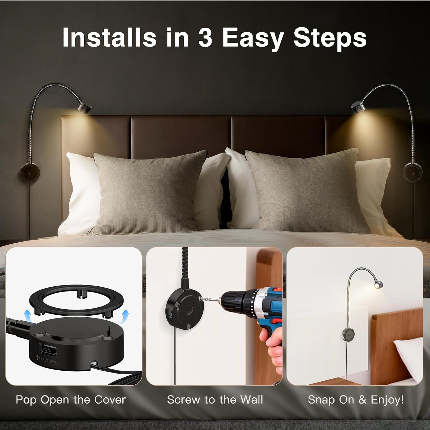 VST Wall Mounted Bed Reading Light, 3000K ETL Listed Headboard Reading Lamp, Touch Dimmable Bedside Light with USB &