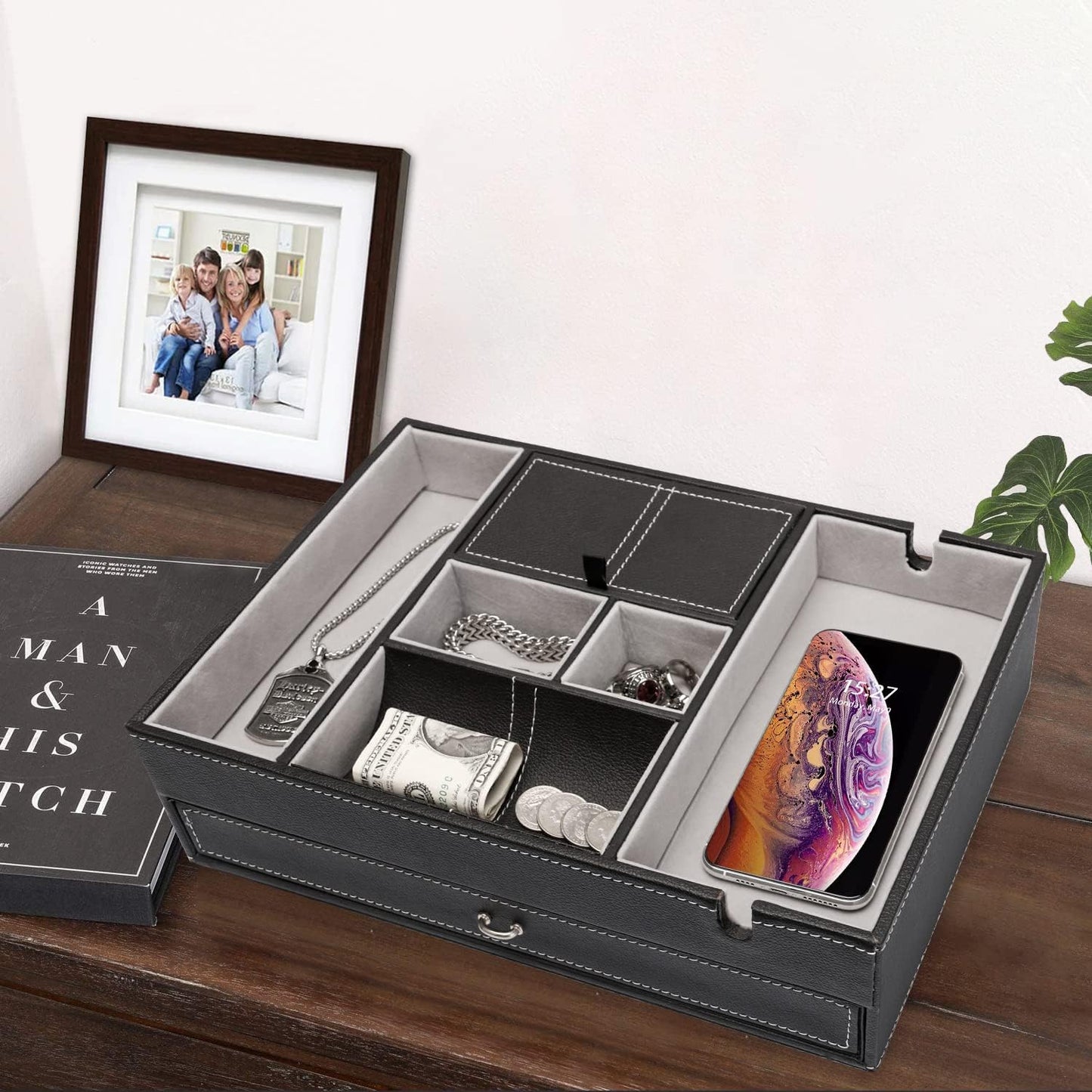 Baoyun Valet Tray for Men, 2 Layers Nightstand Organizers for Men and Women, Leather Jewelry Storage Box, Mens Dresser