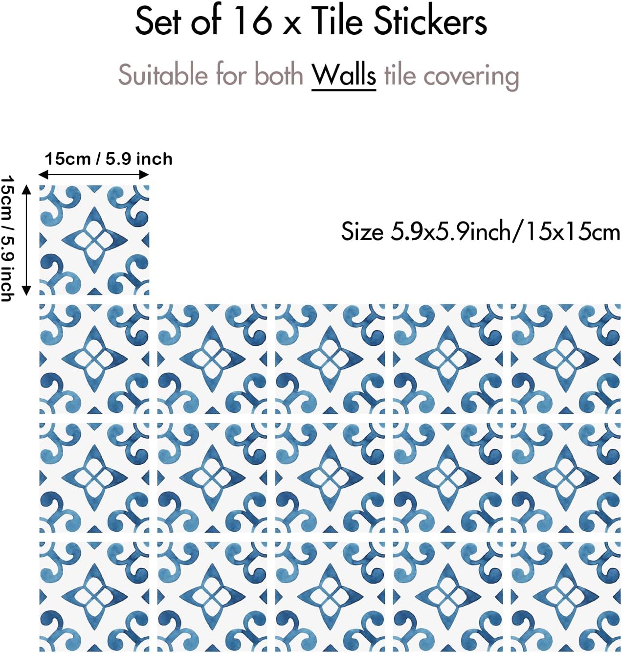 Watercolor Tile Decals / Blue / 5.9 Inch / Set of 16