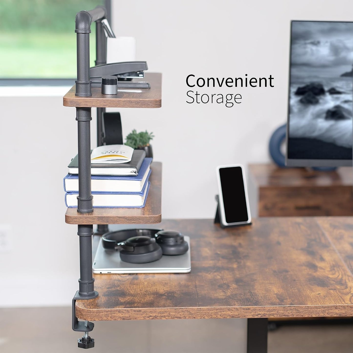 VIVO Clamp-on Premium 24 inch Industrial Pipe 2-Tier Tabletop Shelving, Heavy Duty Desk Extension Organizer, Modern