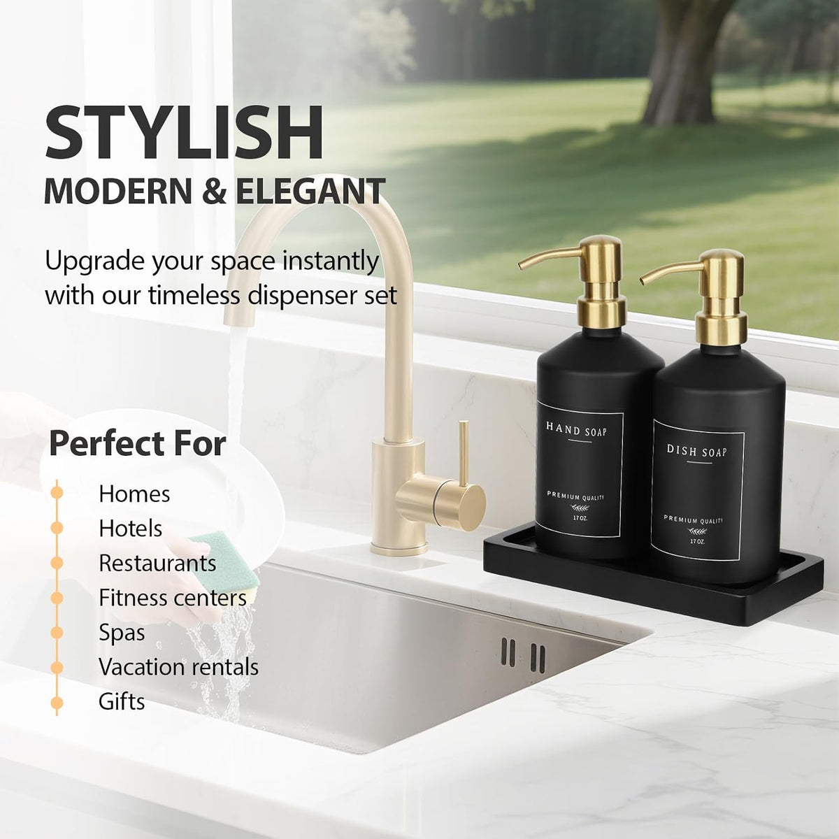 Black Glass Kitchen Hand and Dish Soap Dispenser Set, Bathroom Soap Dispenser Set with Tray and Stainless Steel Pump