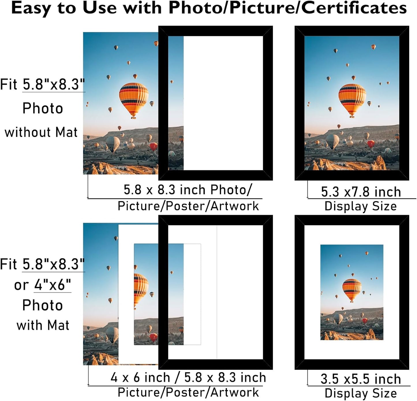JCJMY 5.8x8.3 A5 Picture Frame Set of 6 Black with 4x6 Mat for Wall Hanging or Tabletop, Display Photo 4x6 with Mat or