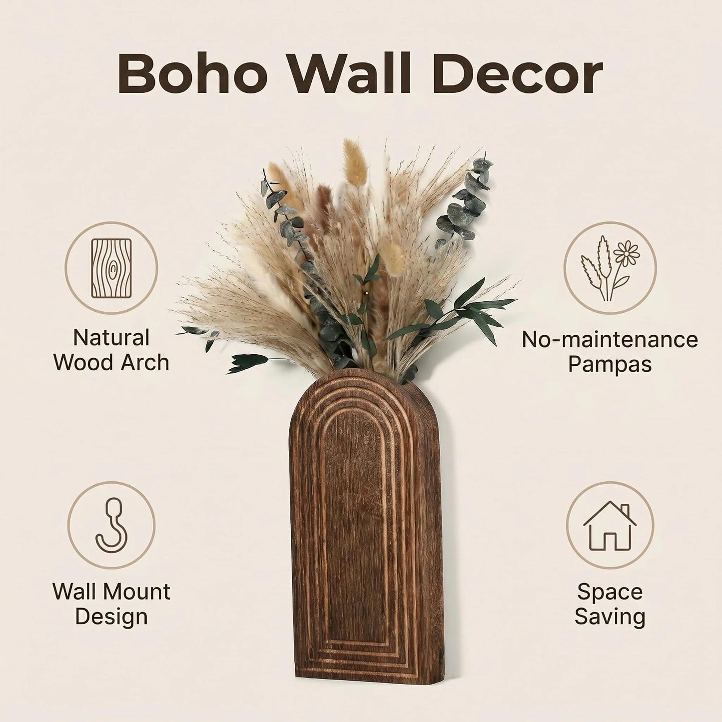 Wooden Wall Vases / Darkbrown+dried Flowers / 2 PC / Set of 2