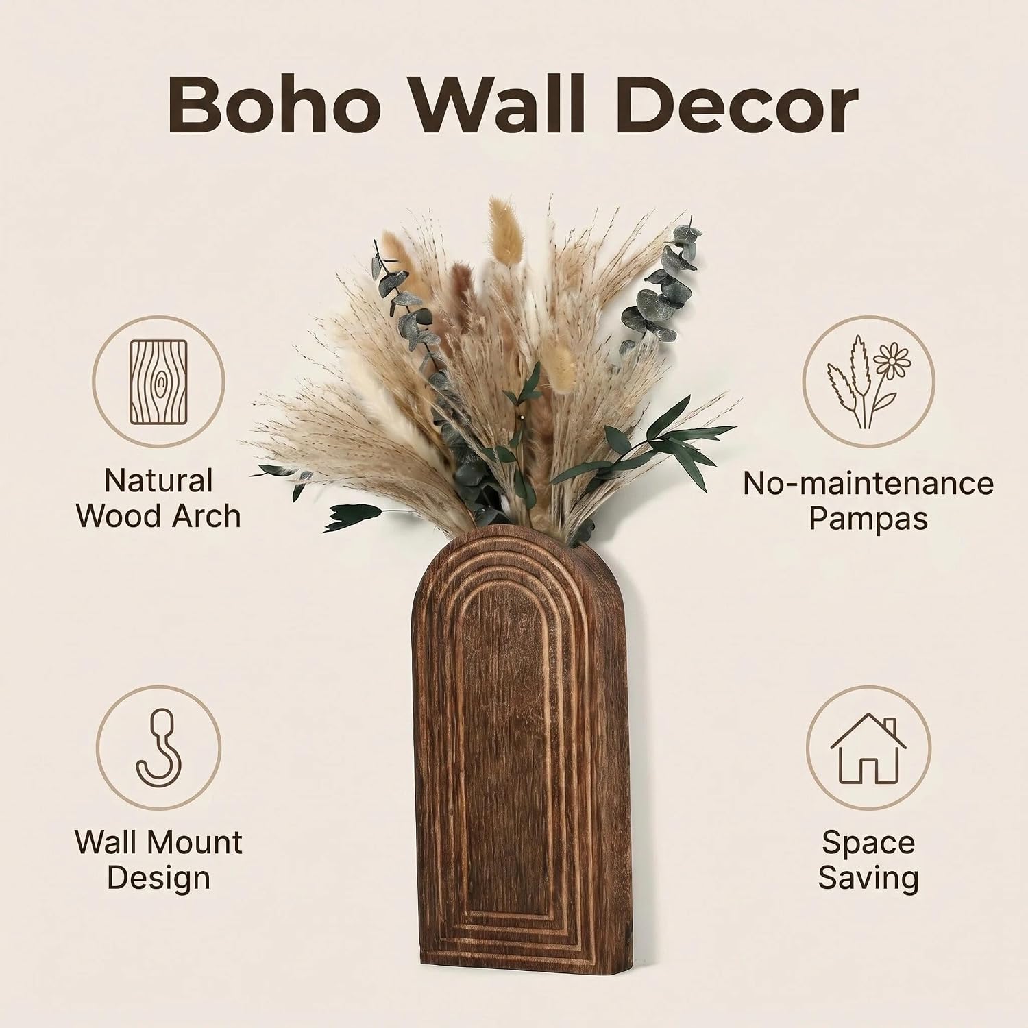 Wooden Wall Vases / Darkbrown+dried Flowers / 2 PC / Set of 2