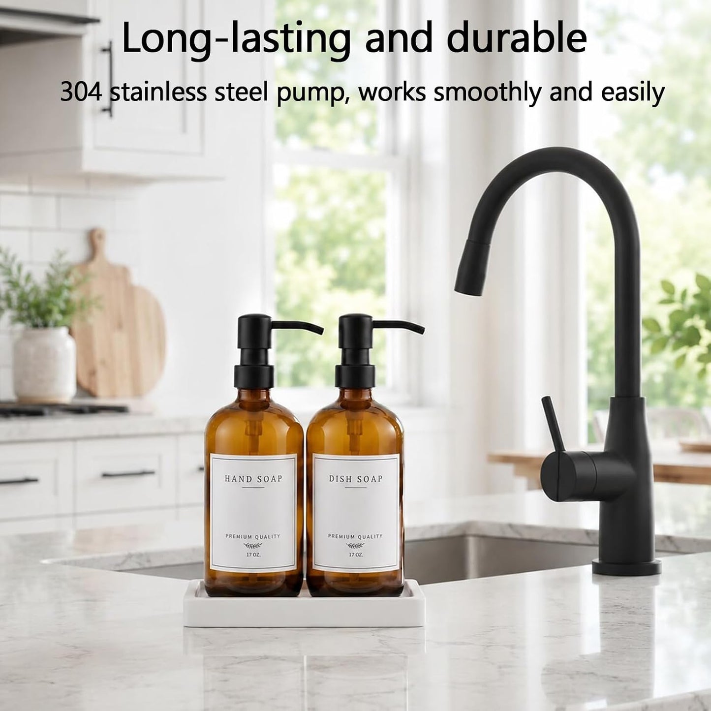 Thick Glass Soap Dispenser - Kitchen Dish Hand Soap Dispenser Set, Rustproof Pump Soap Lotion Dispenser Bathroom with