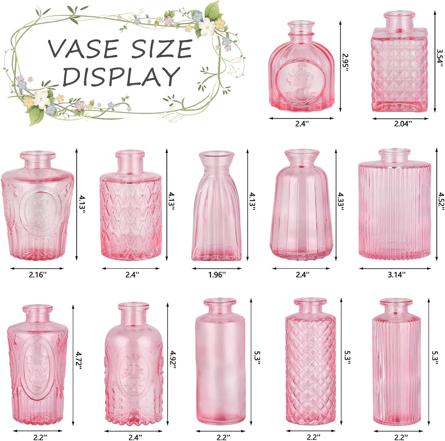 Glass Bud Vases Mini Flower Vase Small Vintage Vases for Centerpiece Table Wedding / Pink