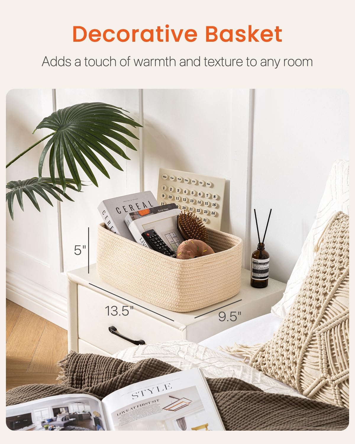 Small Woven Basket / Beige / 13.5"L x 9.5"W x 5"H / 13.5 x 9.5 x 5