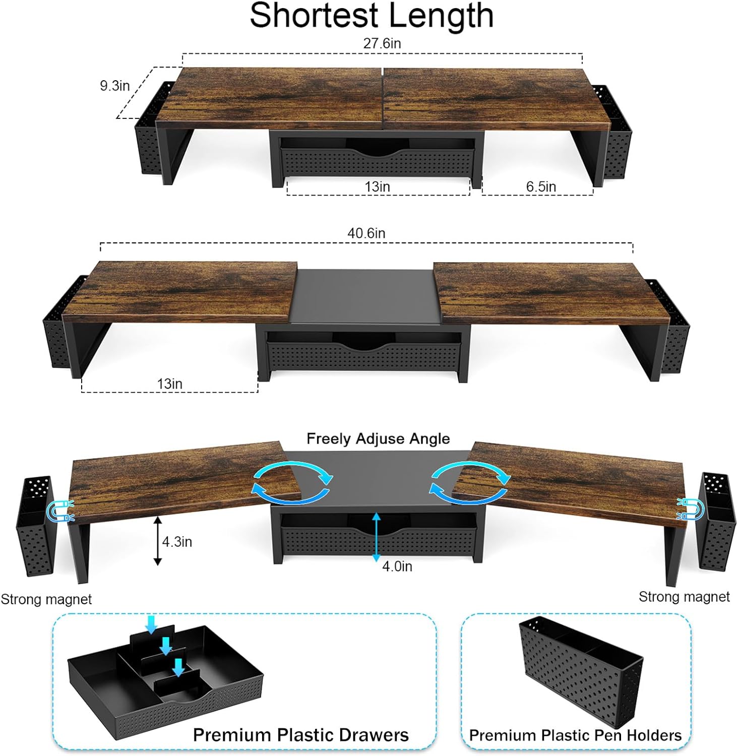 gianotter Dual Monitor Stand Riser With Drawer and 2 Pen Holders | Wood Computer Monitor Stand Desk Organizer and