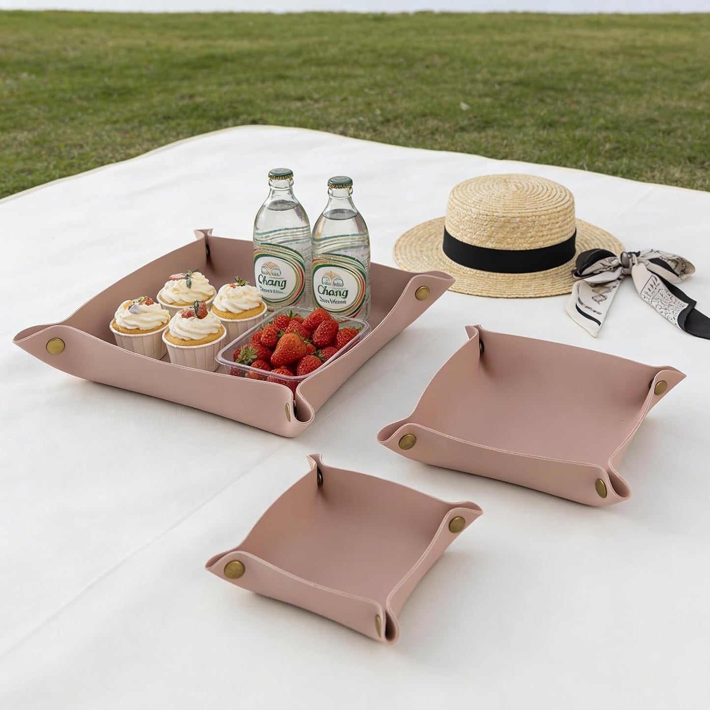 3 packs PU Leather Tray in 3 Sizes Jewelry Tray Glossy Leather Desk Organizer Leather / Morandi Pink