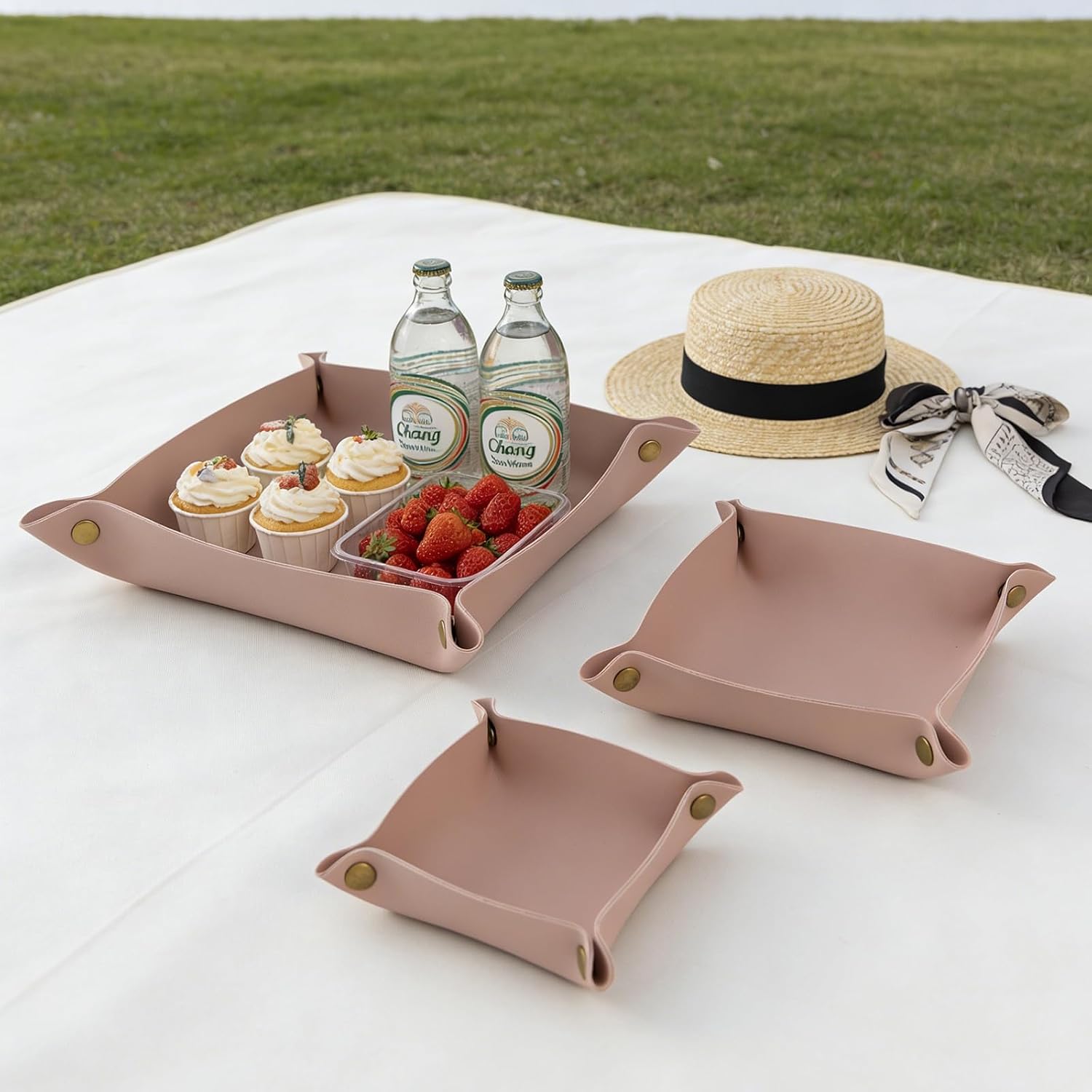 3 packs PU Leather Tray in 3 Sizes Jewelry Tray Glossy Leather Desk Organizer Leather / Morandi Pink