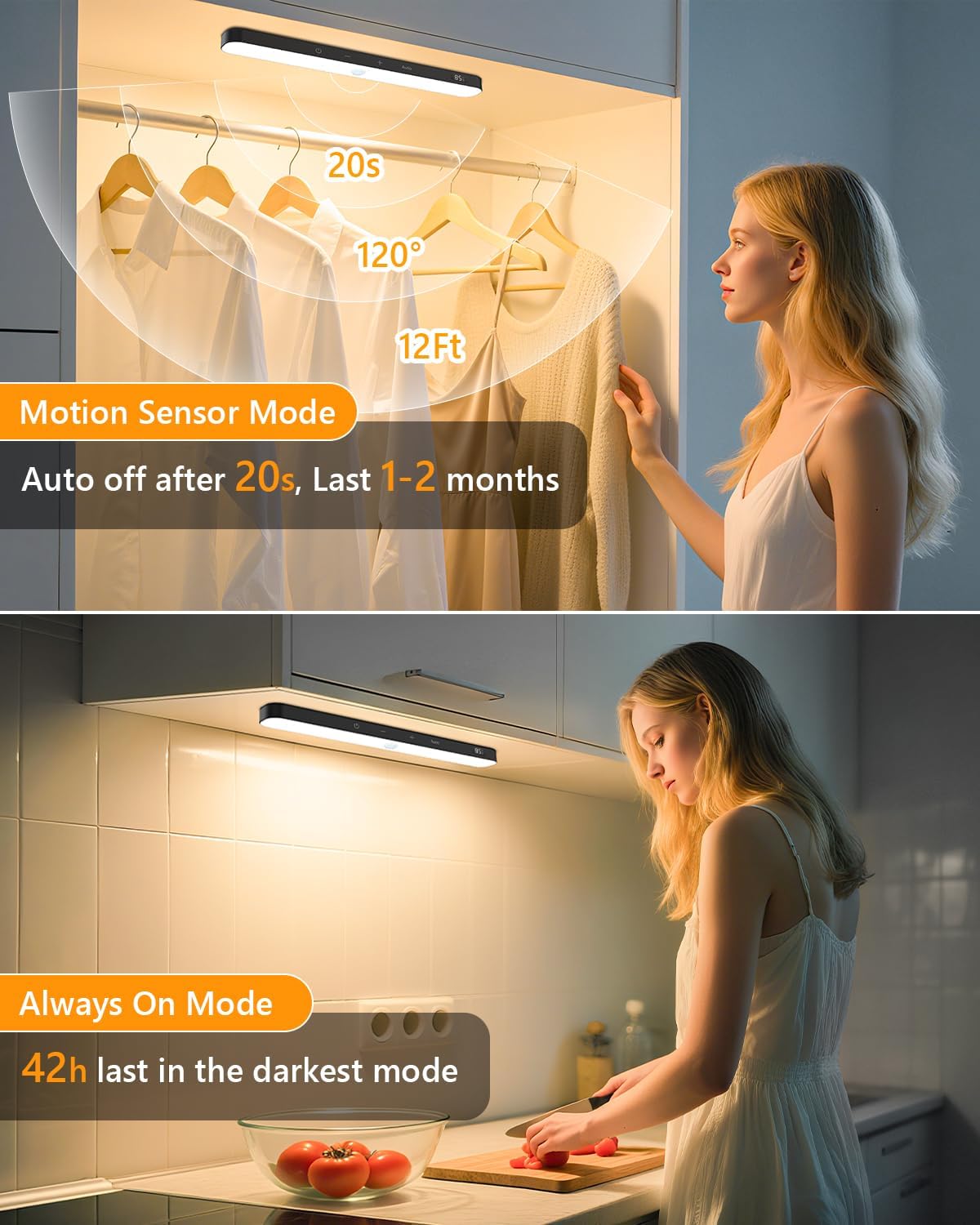 Ferswe Closet Lights Rechargeable, Battery Level Display, Dimmable Battery Powered Lights, 3000K Motion Sensor Light