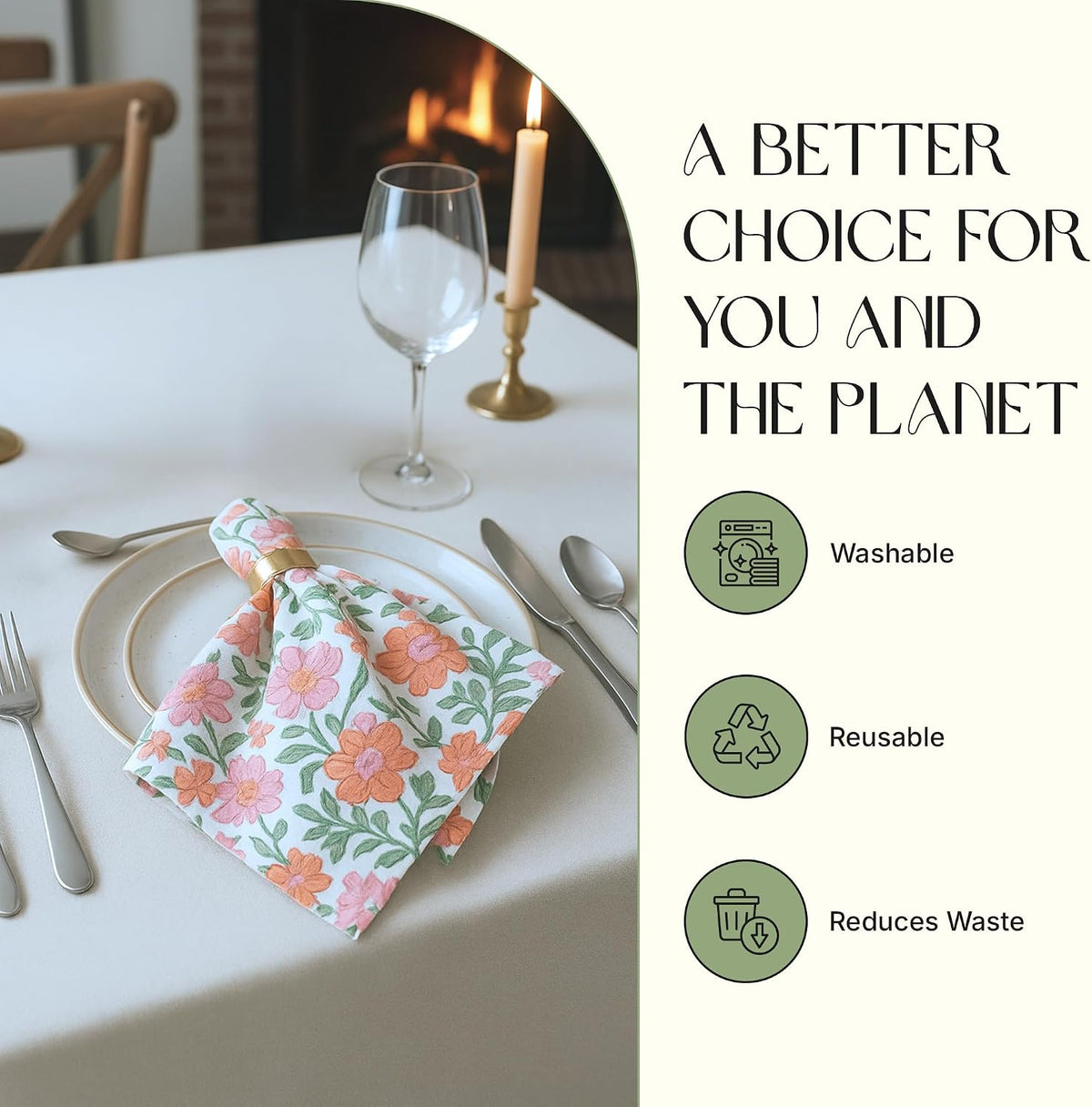 Floral Cloth Napkins Set of 12, 100% Cotton Reusable Dinner Napkins, Block Print Inspired, 18 x 18 Inch Table & Kitchen