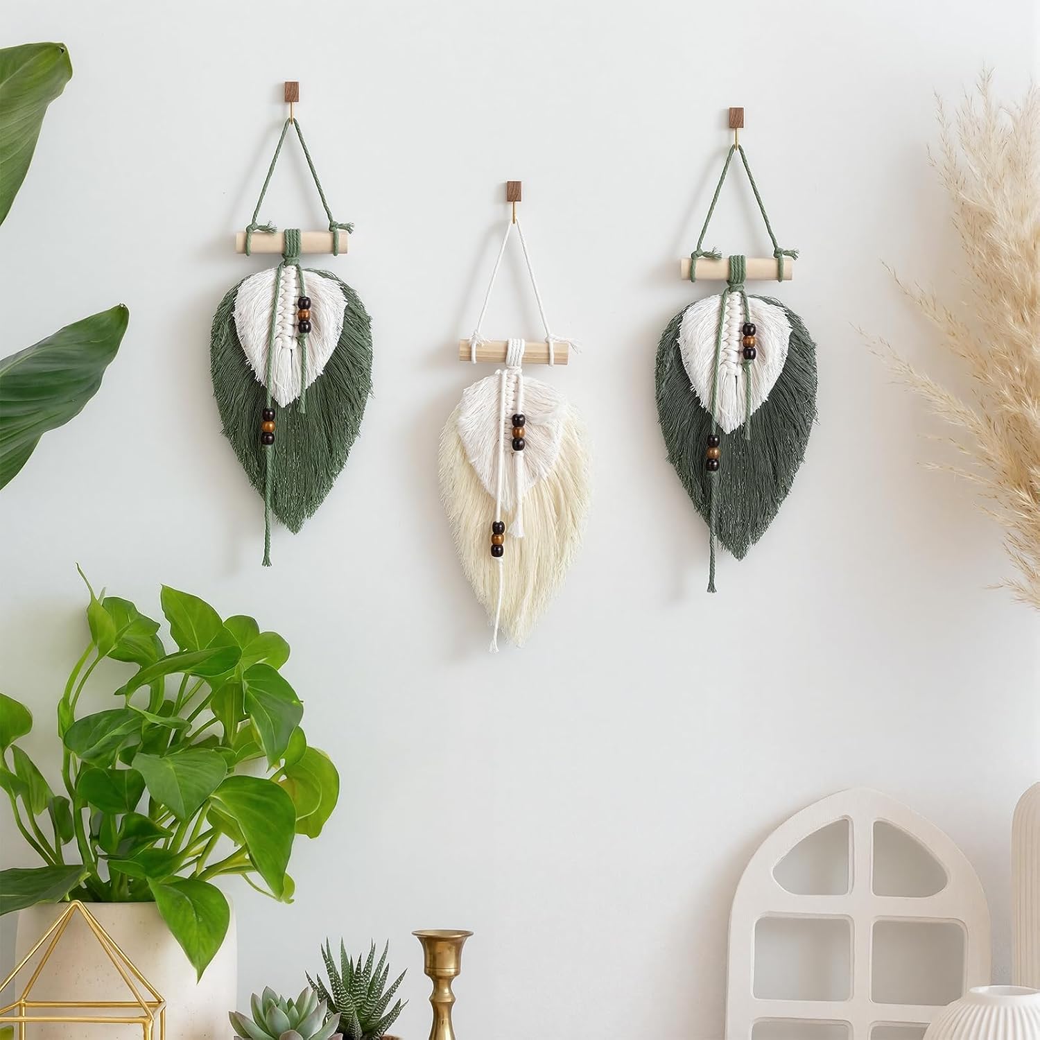 Macrame Wall Hanging Boho Woven Tapestry Handmade Home Decor Wooden / Leaf / Sage Green / Set of 3