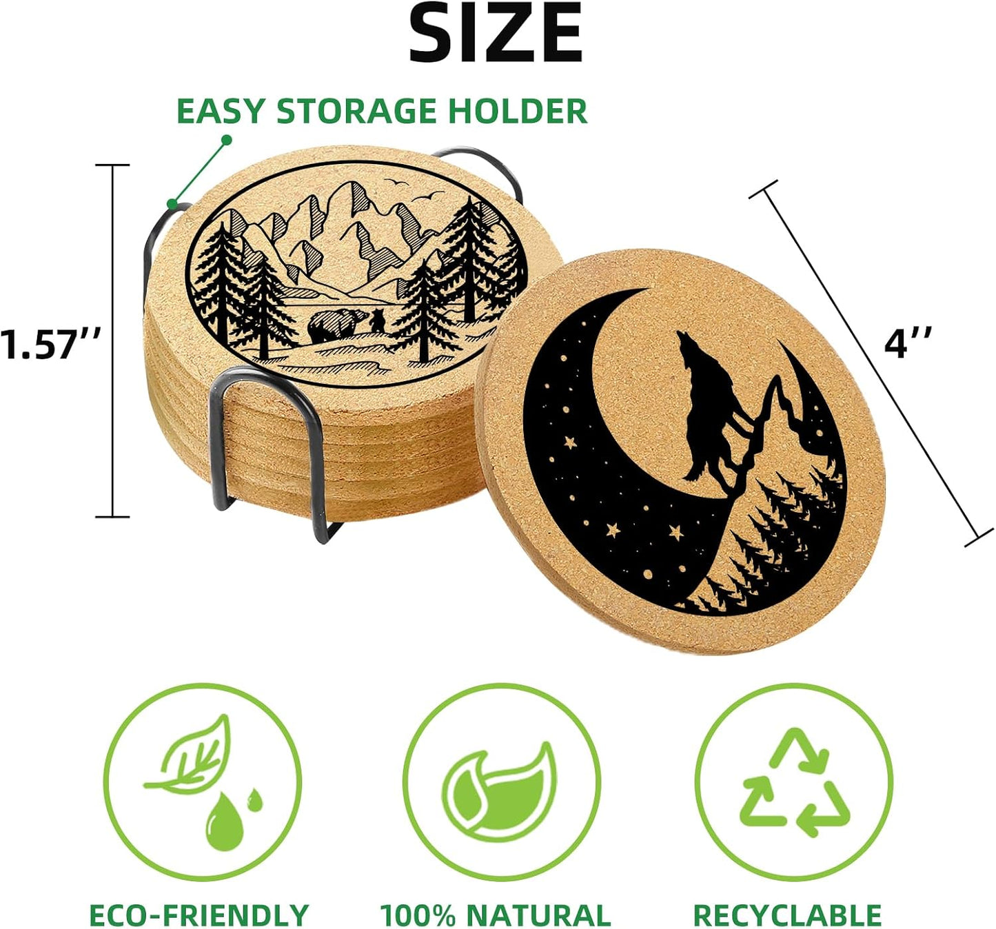 Holder / Cork Coaster Absorbent Wood for Cup Desk Office Table Kitchen Decor / Mountain / Set of 6