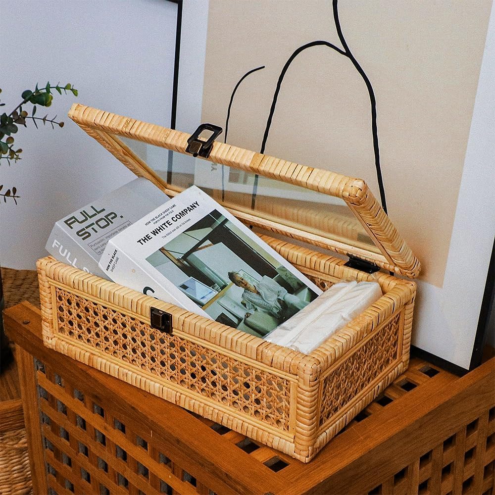 Wooden frame / Extra Large Rattan Decorative Box / Set of 2