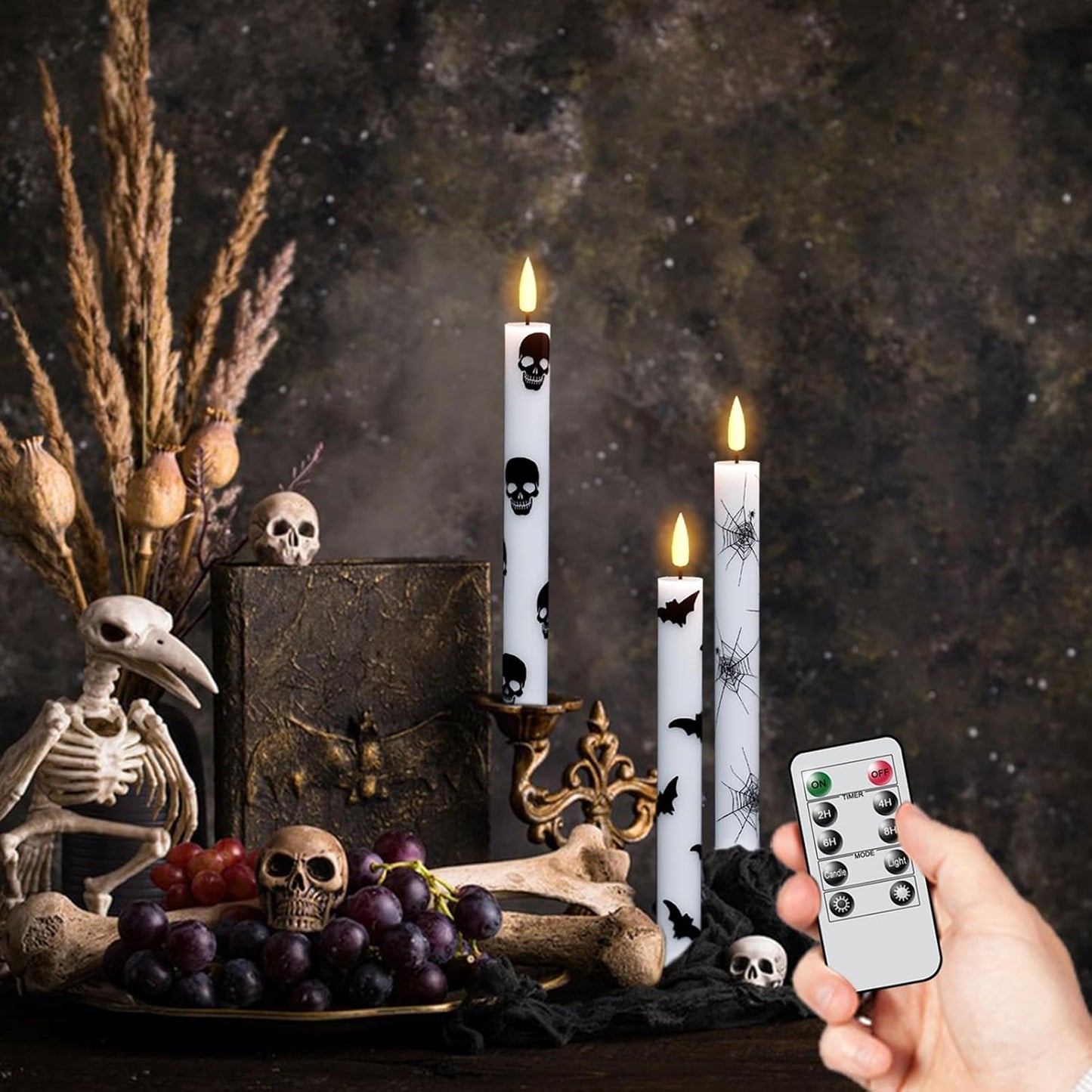 GenSwin Halloween Flameless Taper Candle Spider Web/Skull/Bats Remote Timer | Real Wax, Halloween Party Home Decor