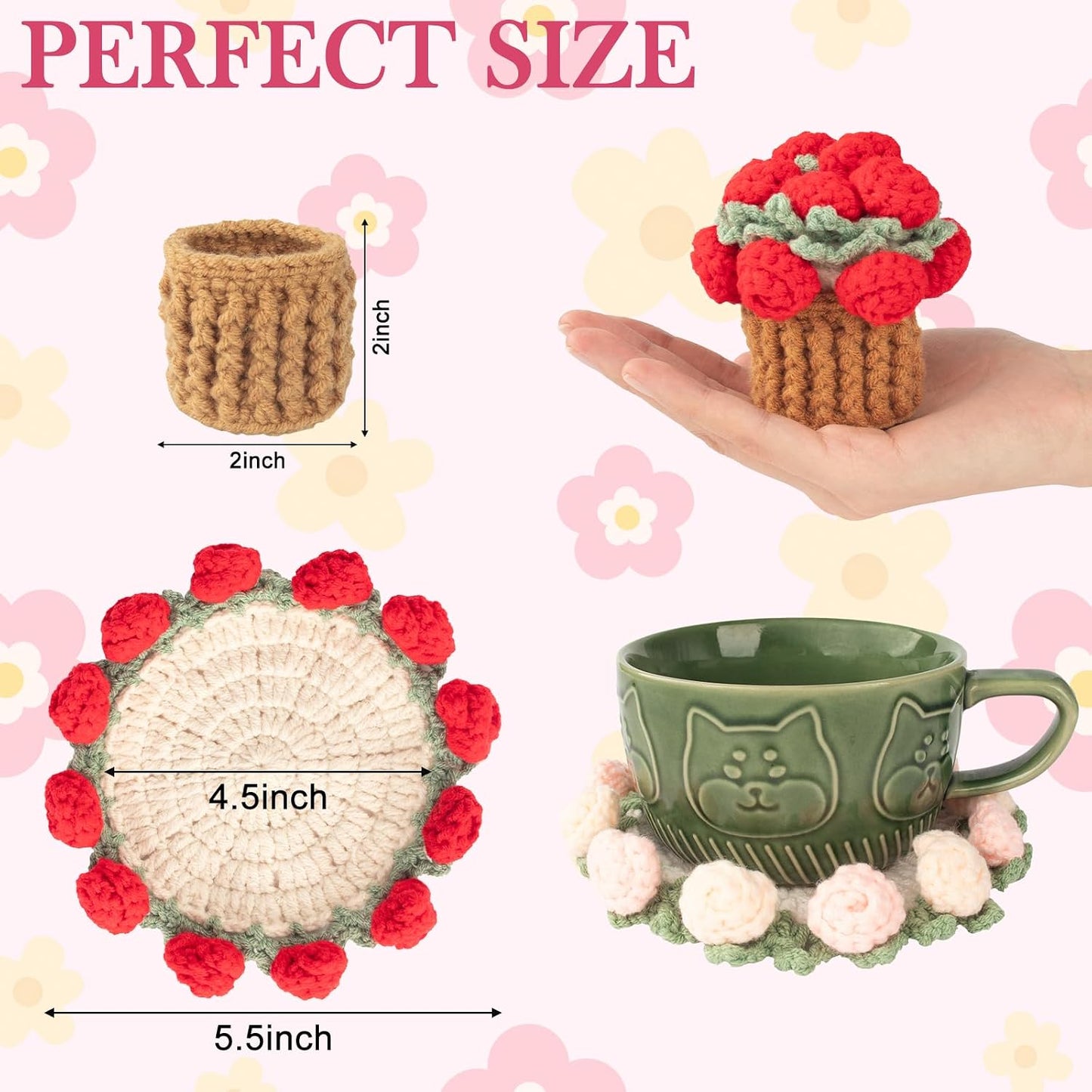 Basket / Crochet Flowers Coasters / Red,pink