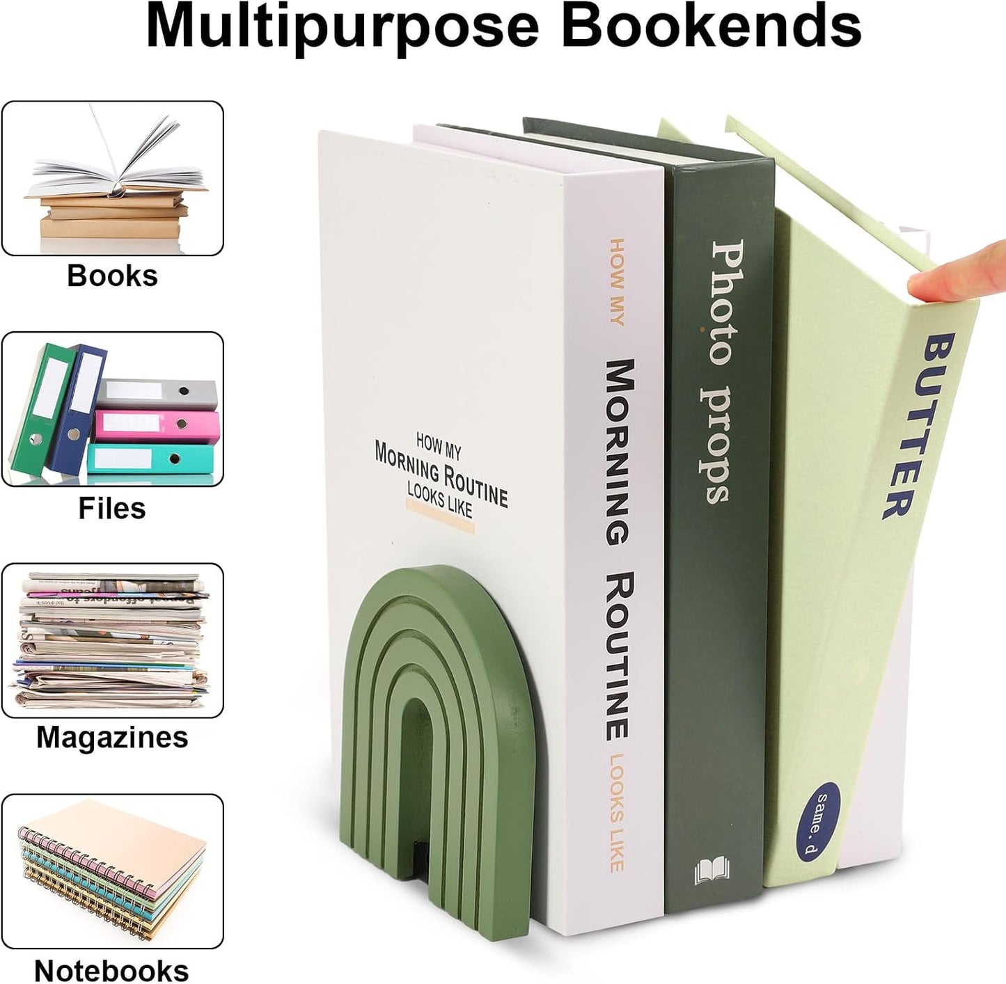Boho Arch Wood Bookends Non Skid Book Stoppers Rainbow Shape Wooden Book / Sage Green / Set of 4