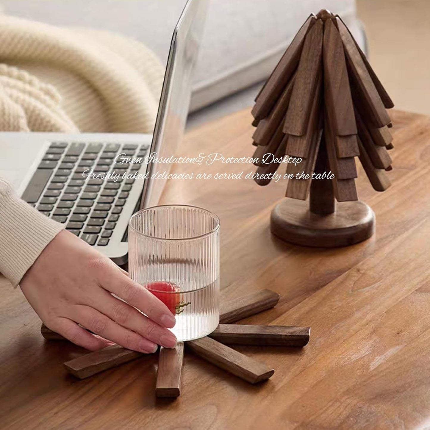 Trivets for Hot Dishes, 4 Artful Foldable Wooden Hot Pads for the Kitchen, Store as a Decorative Christmas Tree for