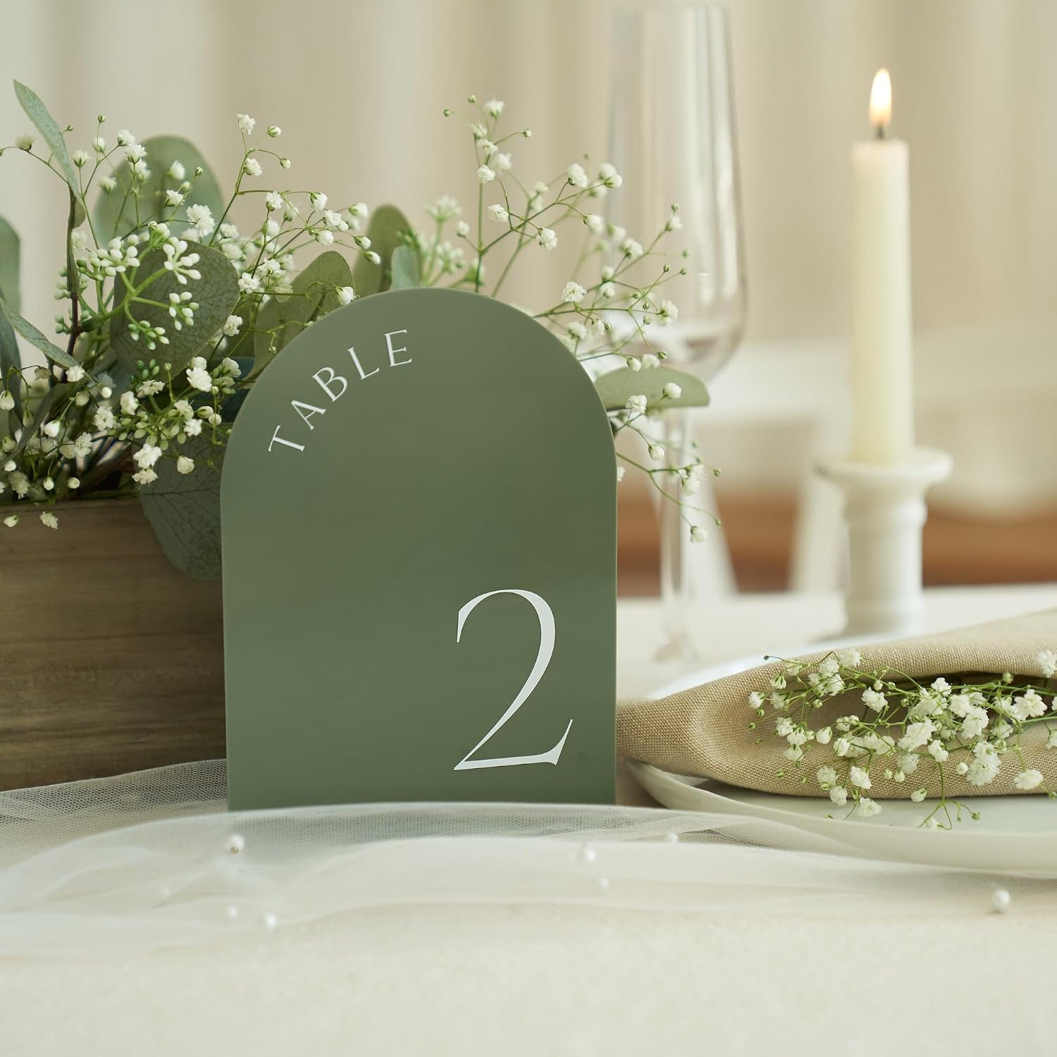 Beautiful Sage Wedding Table Numbers with Stands - Acrylic Signs 1-15 | Elegant Double Sided 5x7 Inch Signs - The