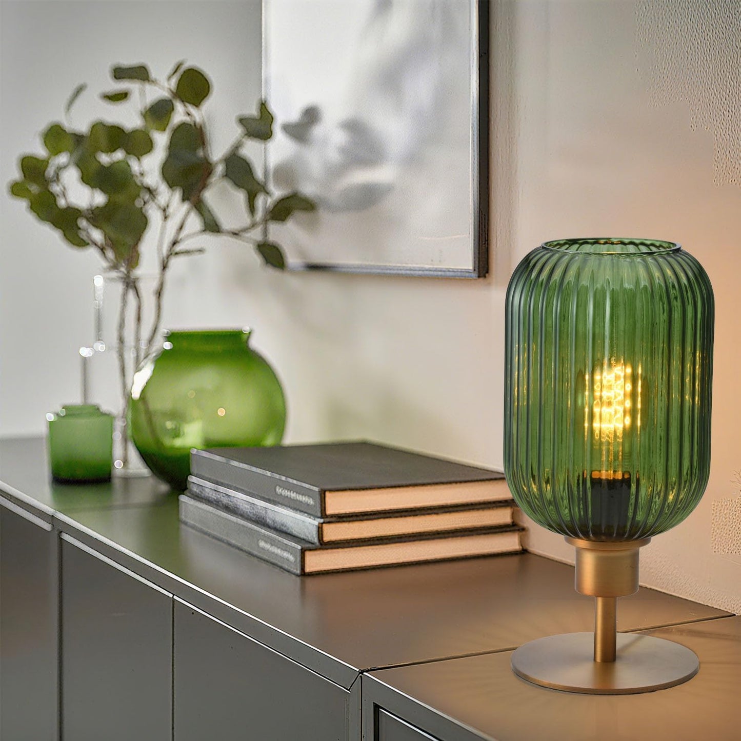 Mid Century Glass Table Lamp,Dimmable Desk Lamp,LED Bulb Included,Timer Build-In,Green Ribbed Glass