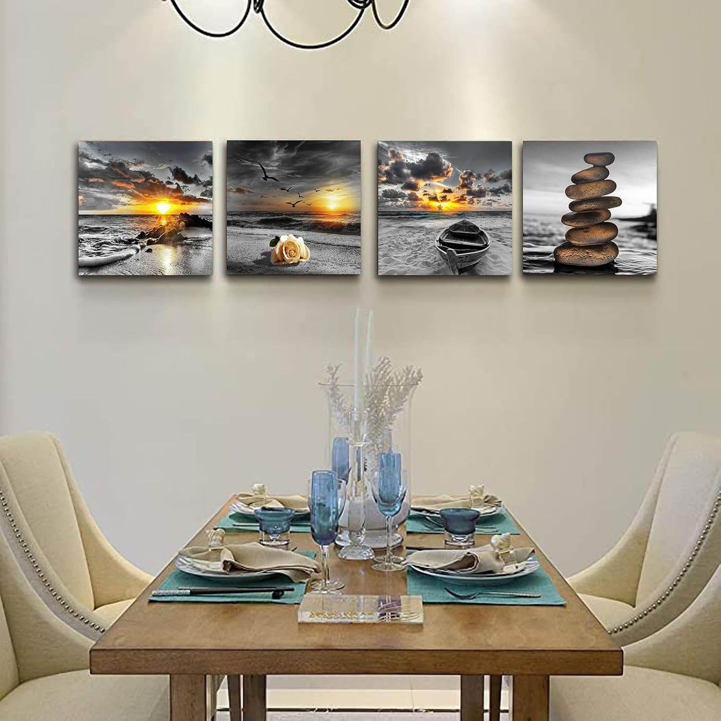 Black and White Gold Beach Wall Art Ocean Canvas / Ablack and White / 12 x 12 / Inches x / Set of 4