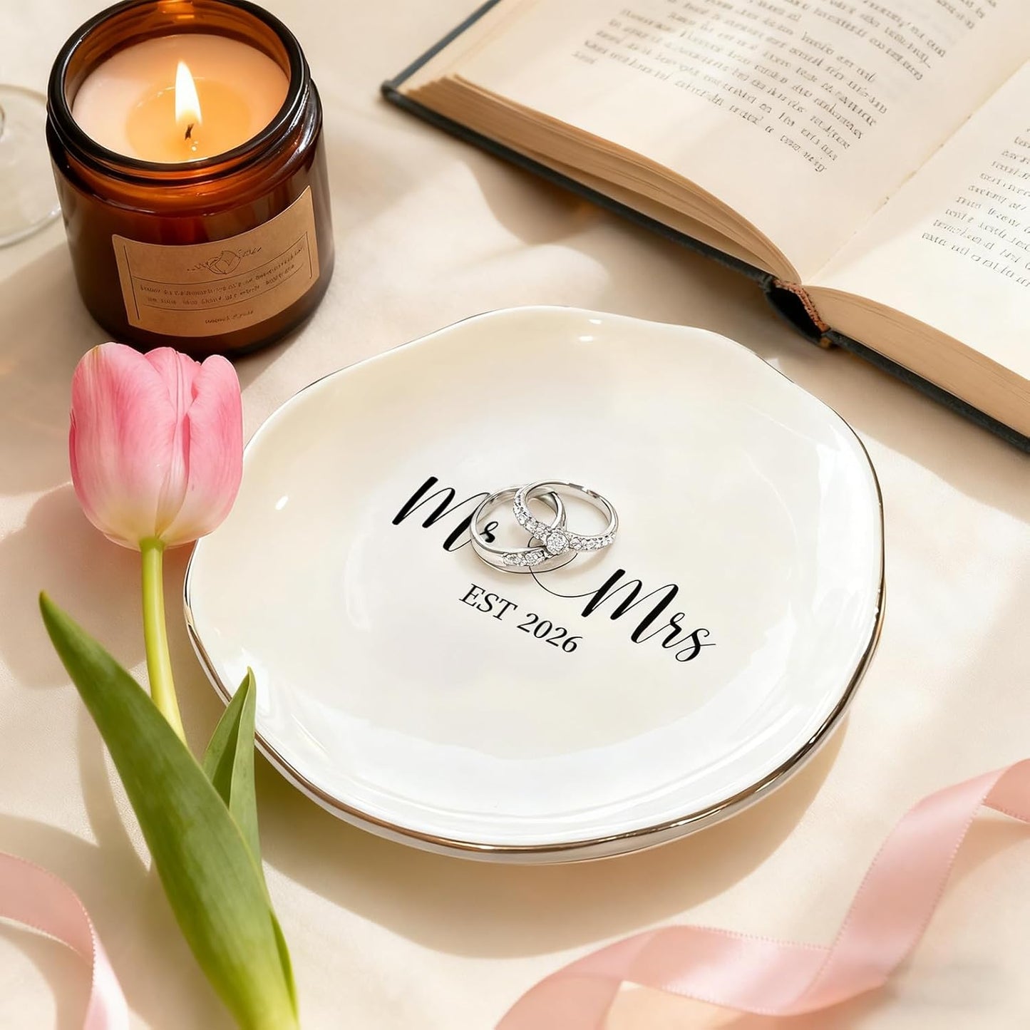 Elegant Ceramic Ring Holder for Engagement / Mr & Mrs EST 2026