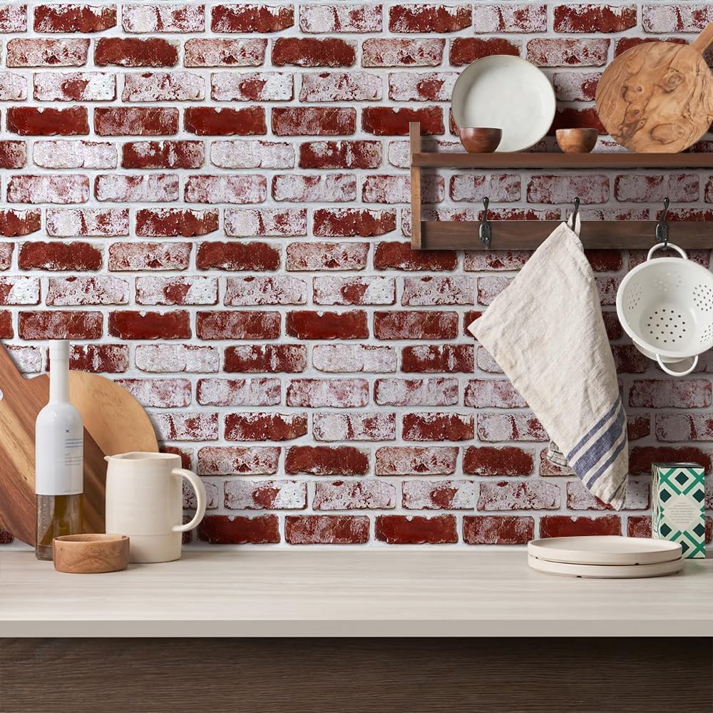 3D Peel and Stick Faux Brick Wall Panels / SM-BRICK-D / Red / 11.8 x 11.8 / Set of 10