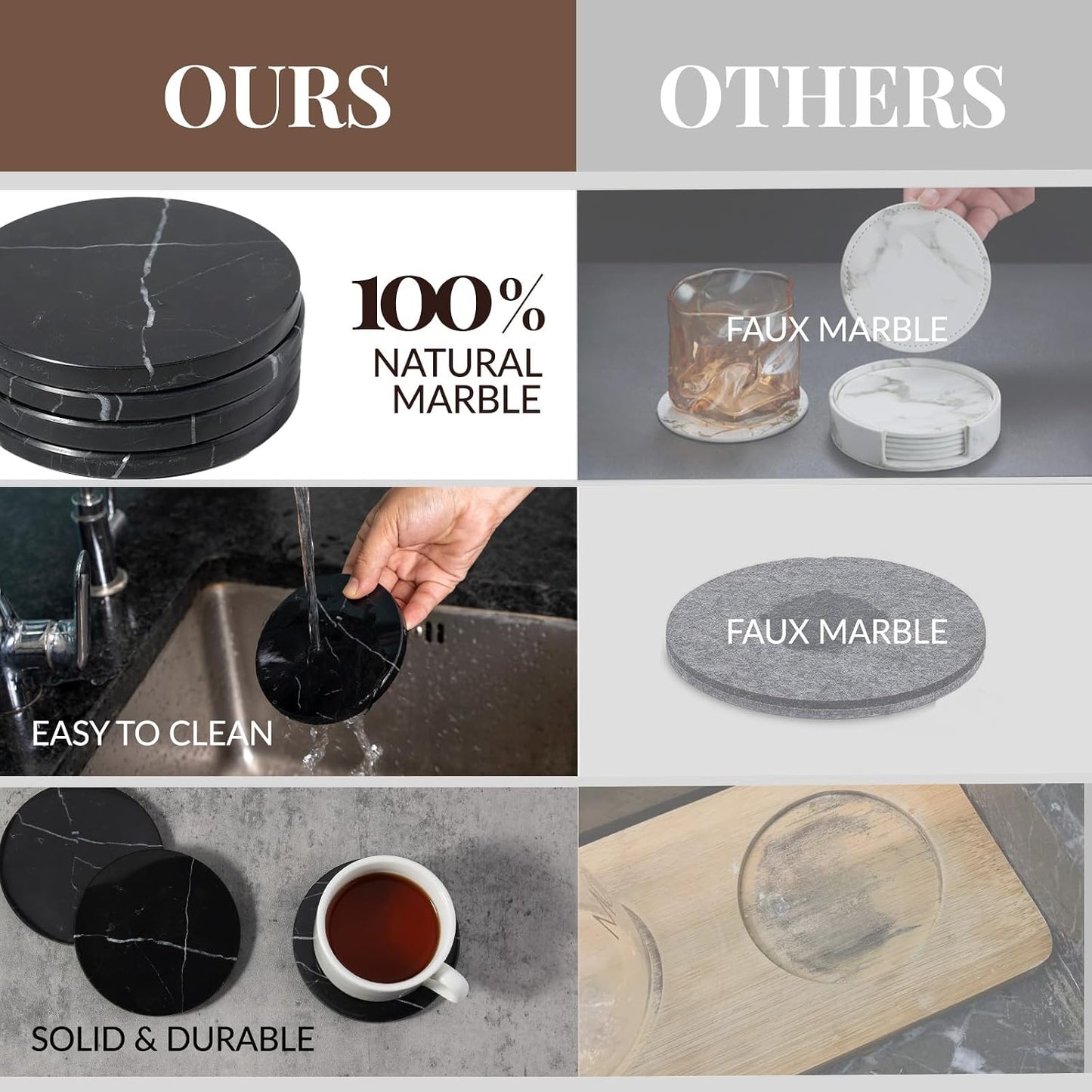 White Marble Coasters for Coffee / Black / Set of 4
