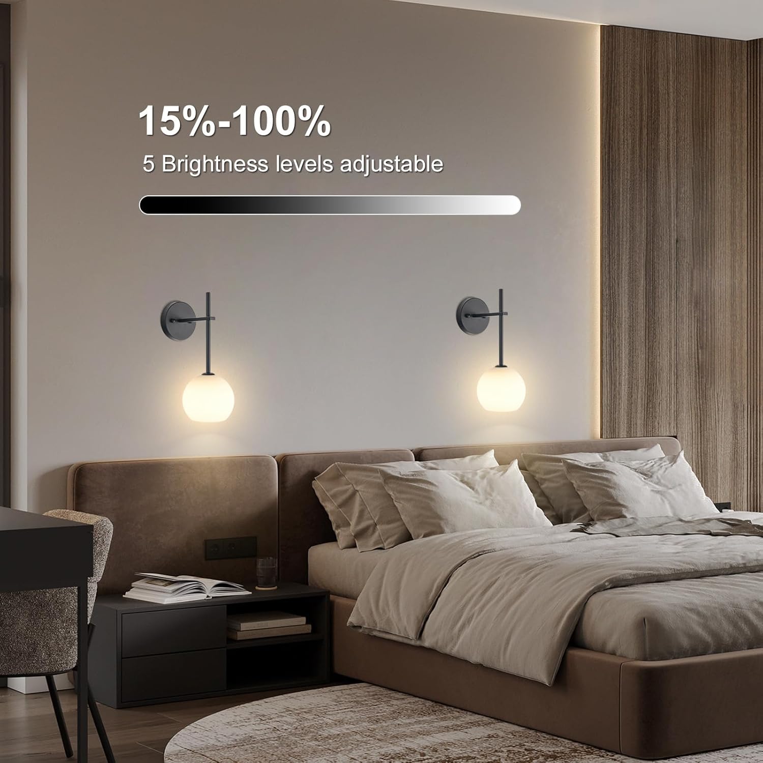 Black Battery Operated Wall Sconces Set of 2, Rechargeable Wireless Wall Lights with Milky White Frosted Glass Shade