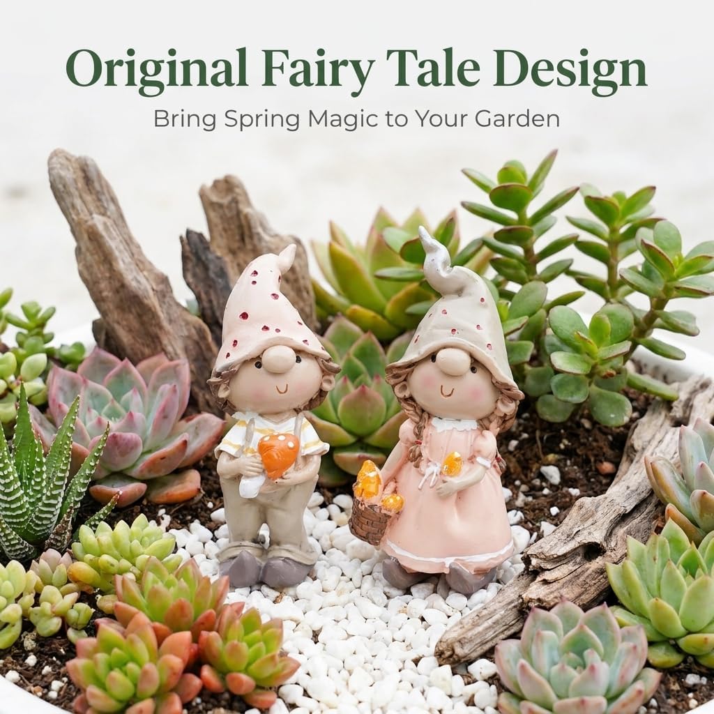 2-Piece Fairy Garden Accessories Outdoor Boy and Girl Mushroom Figurines Resin Small Garden Statues