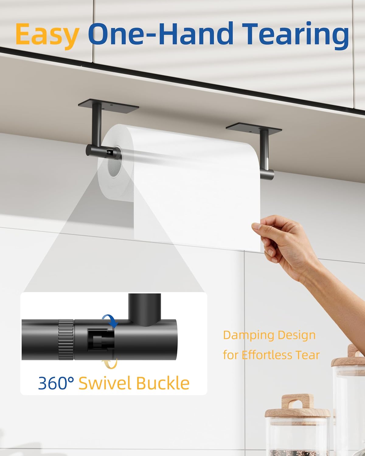 RUACQ Paper Towel Holder Under Cabinet, Stainless Steel, Matte Black | Drill Wall Mount or Adhesive, Square Base