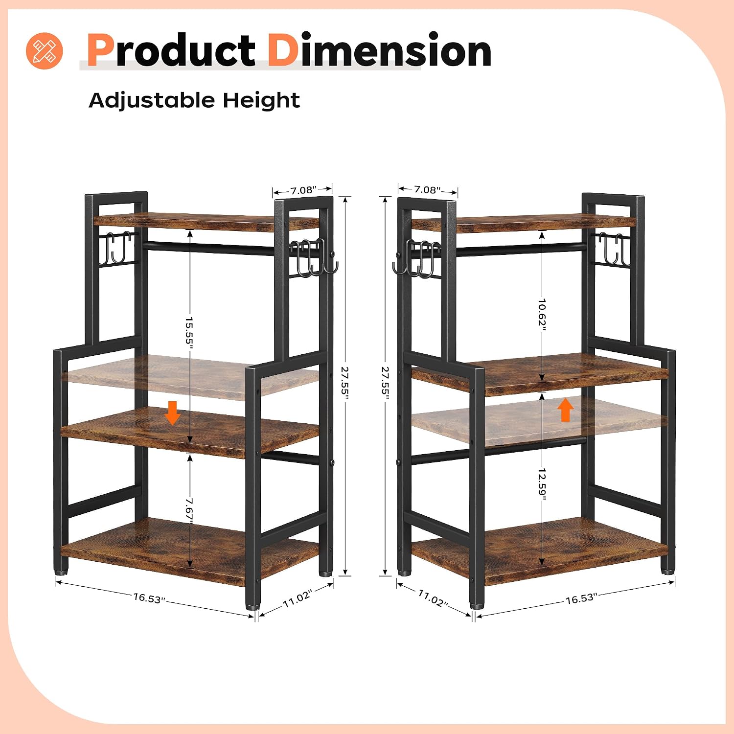 Kitchen Countertop Organizer,3 Tier Large Spice Rack Organizer with Adjustable Shelf and 5 Hooks,Wooden Counter