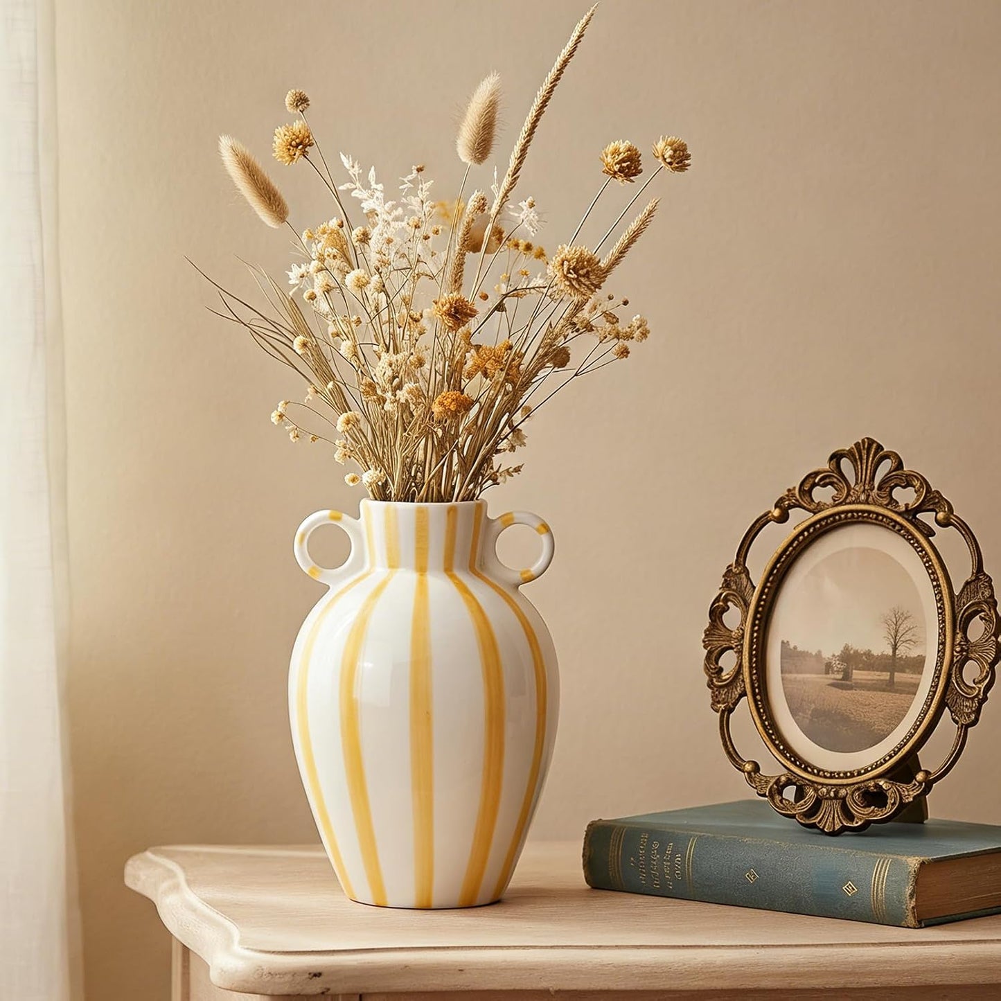 Ceramic Striped Flower Vase / Yellow