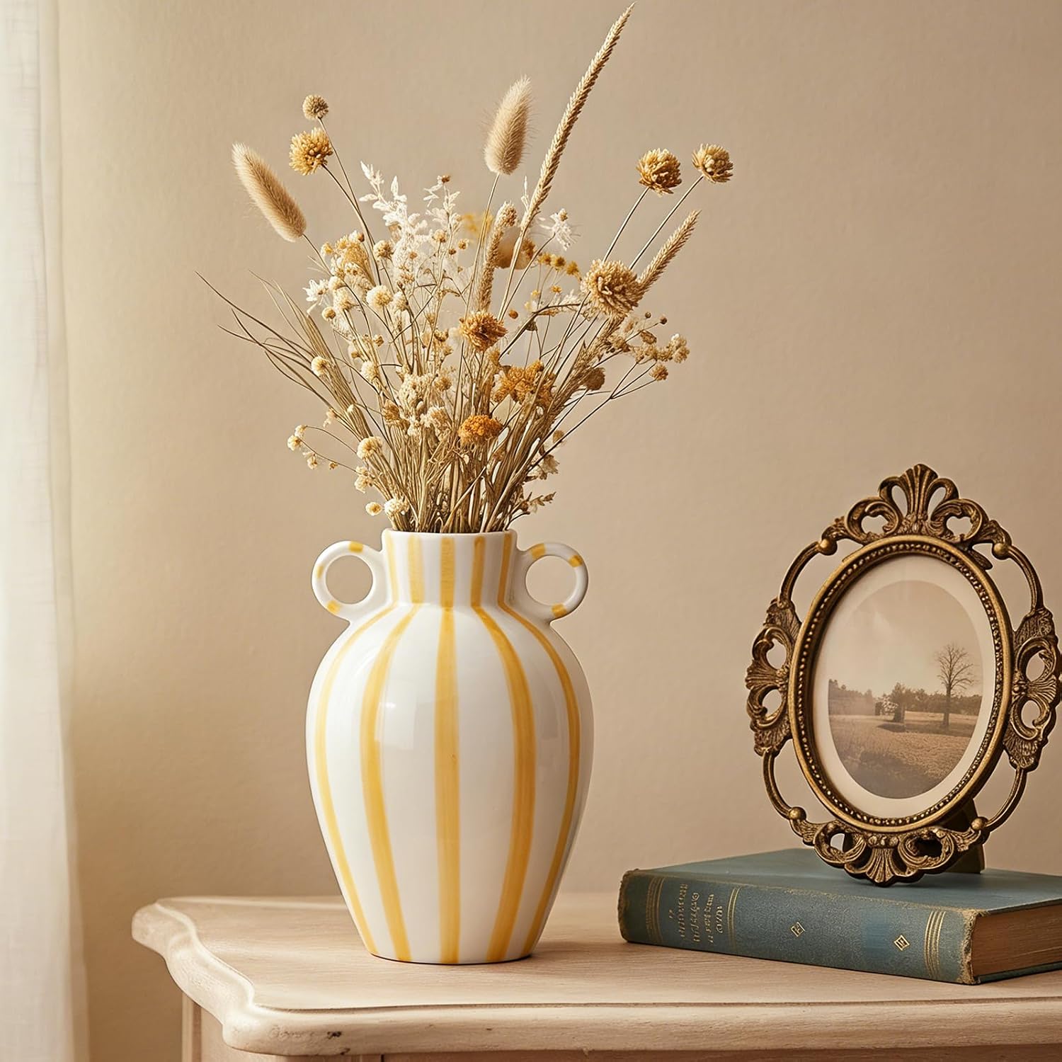 Ceramic Striped Flower Vase / Yellow