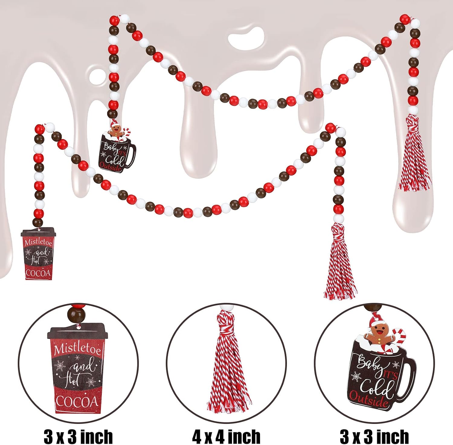 Christmas Wood Bead Garland Christmas Hot Cocoa Tiered Tray Decor Farmhouse Wall Hanging / Set of 2