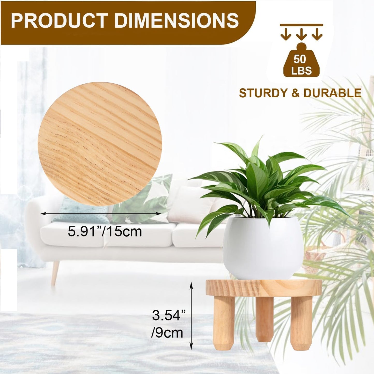 Decorative Round Wood Desktop Plant Stand Mid Century Kitchen Counter Pedestal Stand / Natural