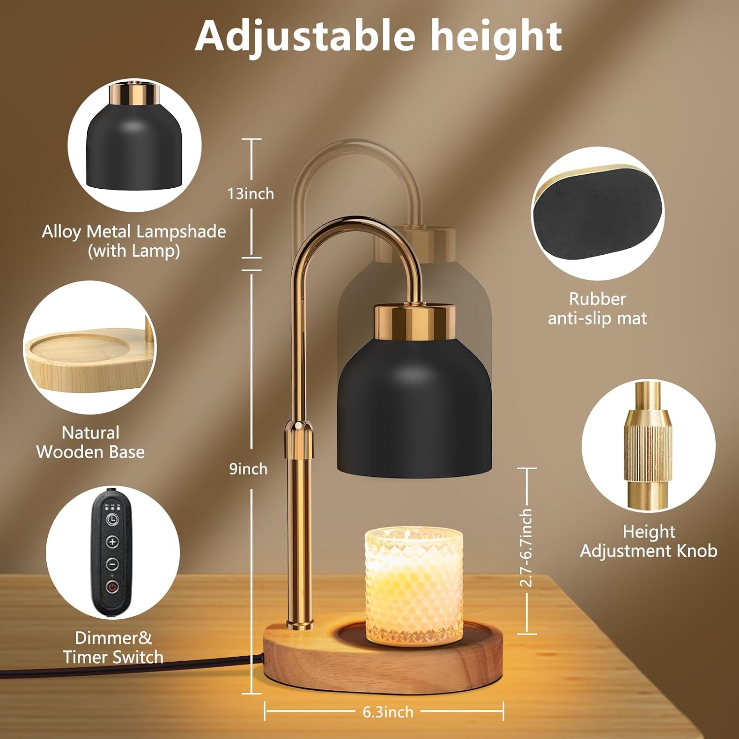Candle Warmer Lamp with Timer Dimmer, Height & Brightness Adjustable | Black Electric Wax Warmer for Women Mom