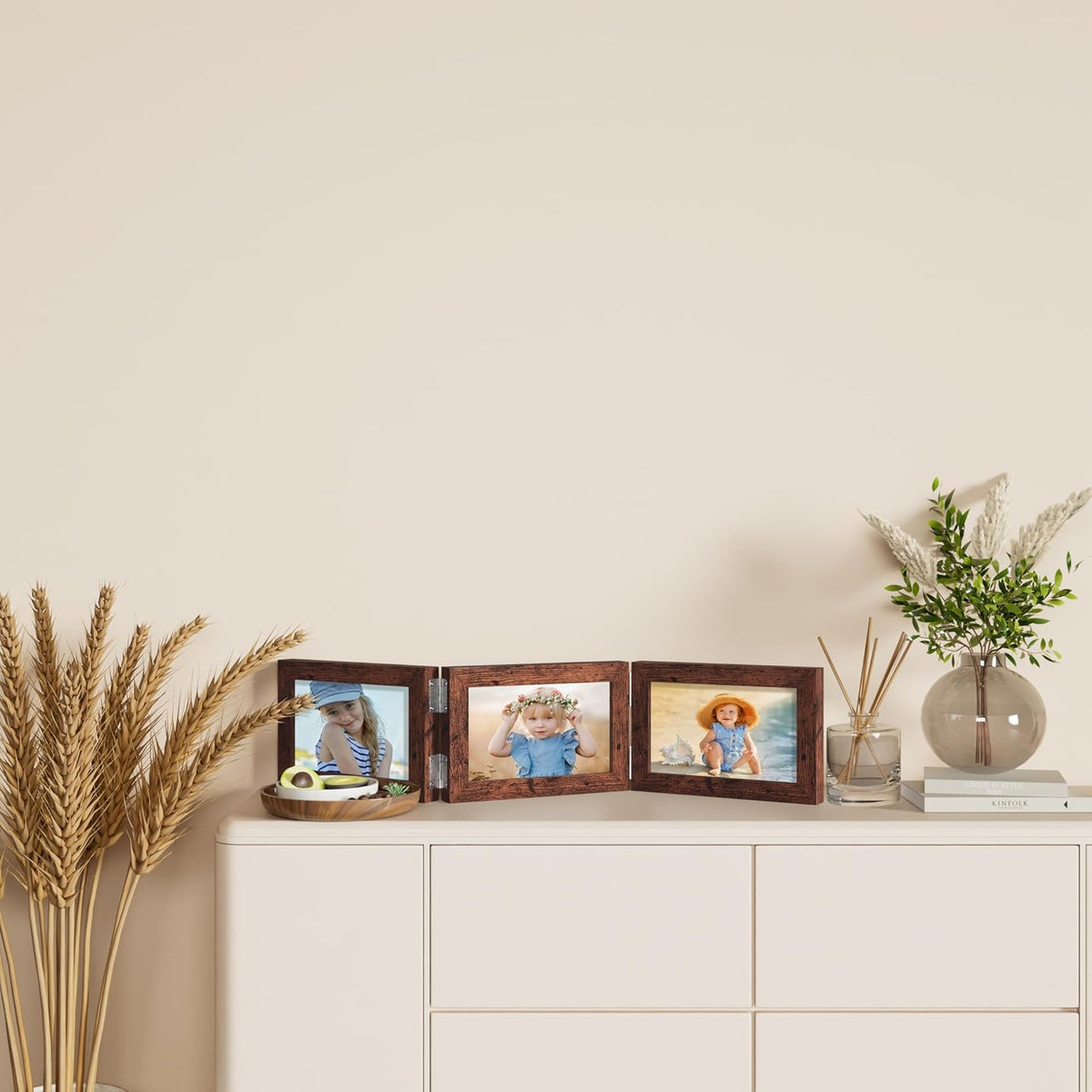 decorUhome Distressed Brown Triple 7x5 Picture Frame Horizontal, MDDBN08 | "Z" Shape Folding Design Engineered Wood