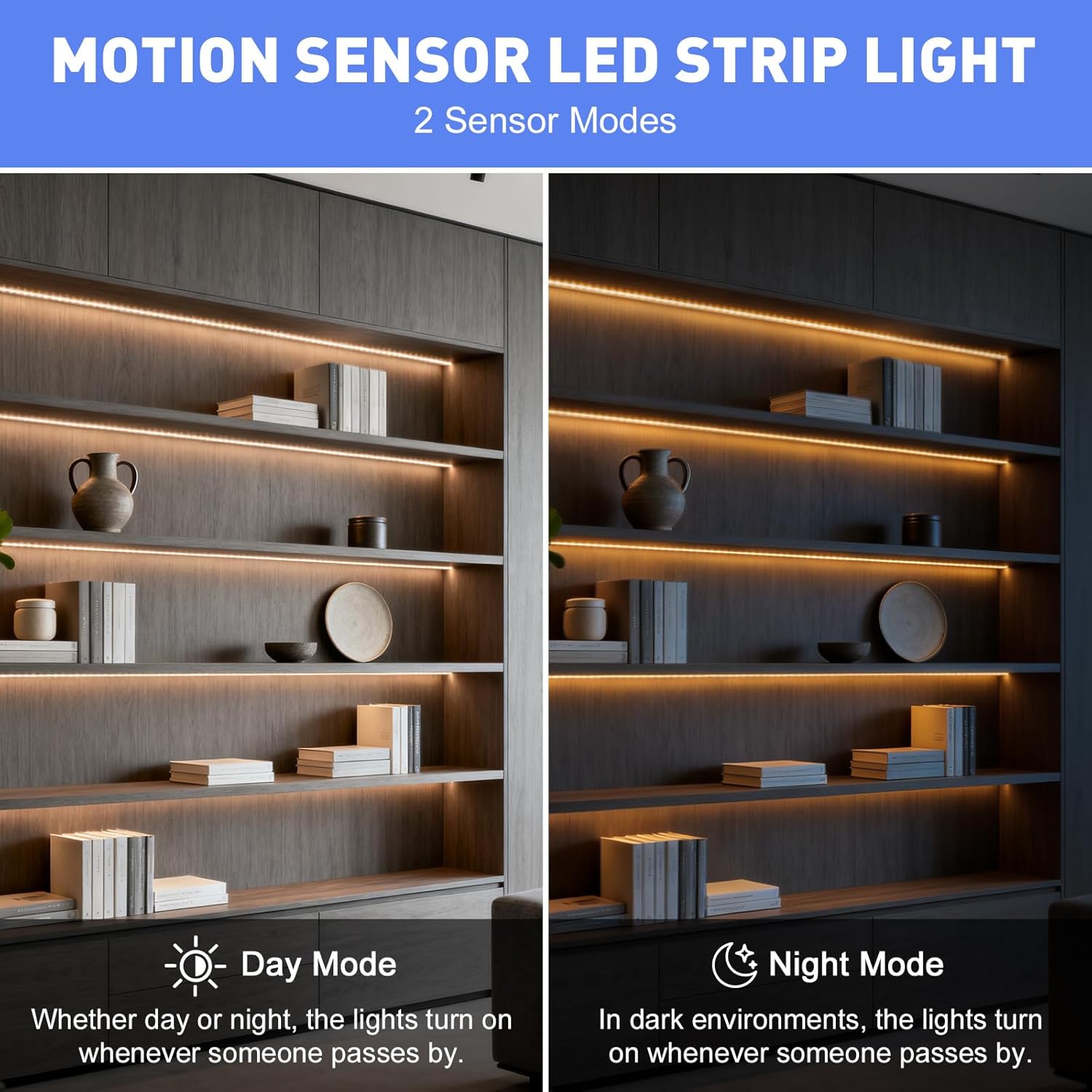 LUXJET Rechargeable LED Strip with Motion Sensor (2Pack-3.3FT, Warm White) | Motion Activated, 1500mAh Battery