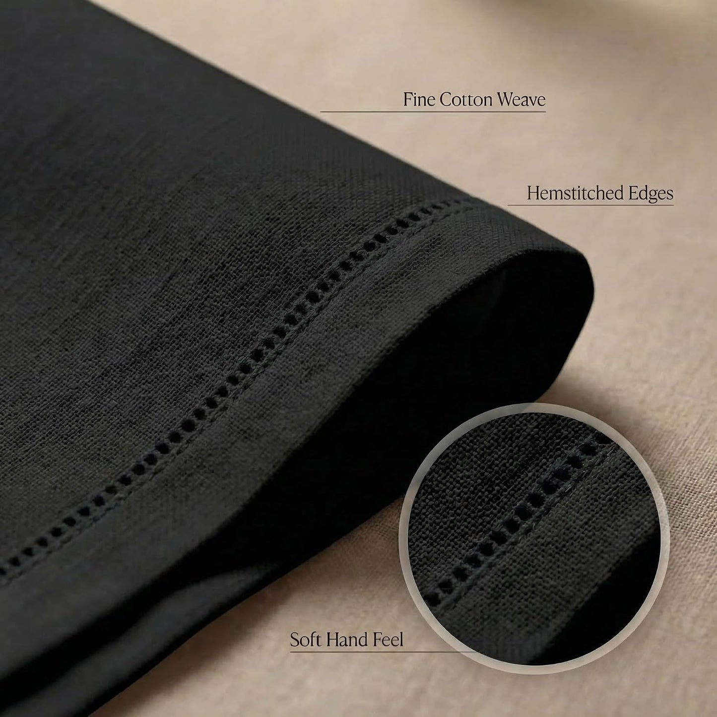 Urban Villa Hemstitch Cloth Dinner Napkins Cotton 20”x20” (Set of 12)-Black
