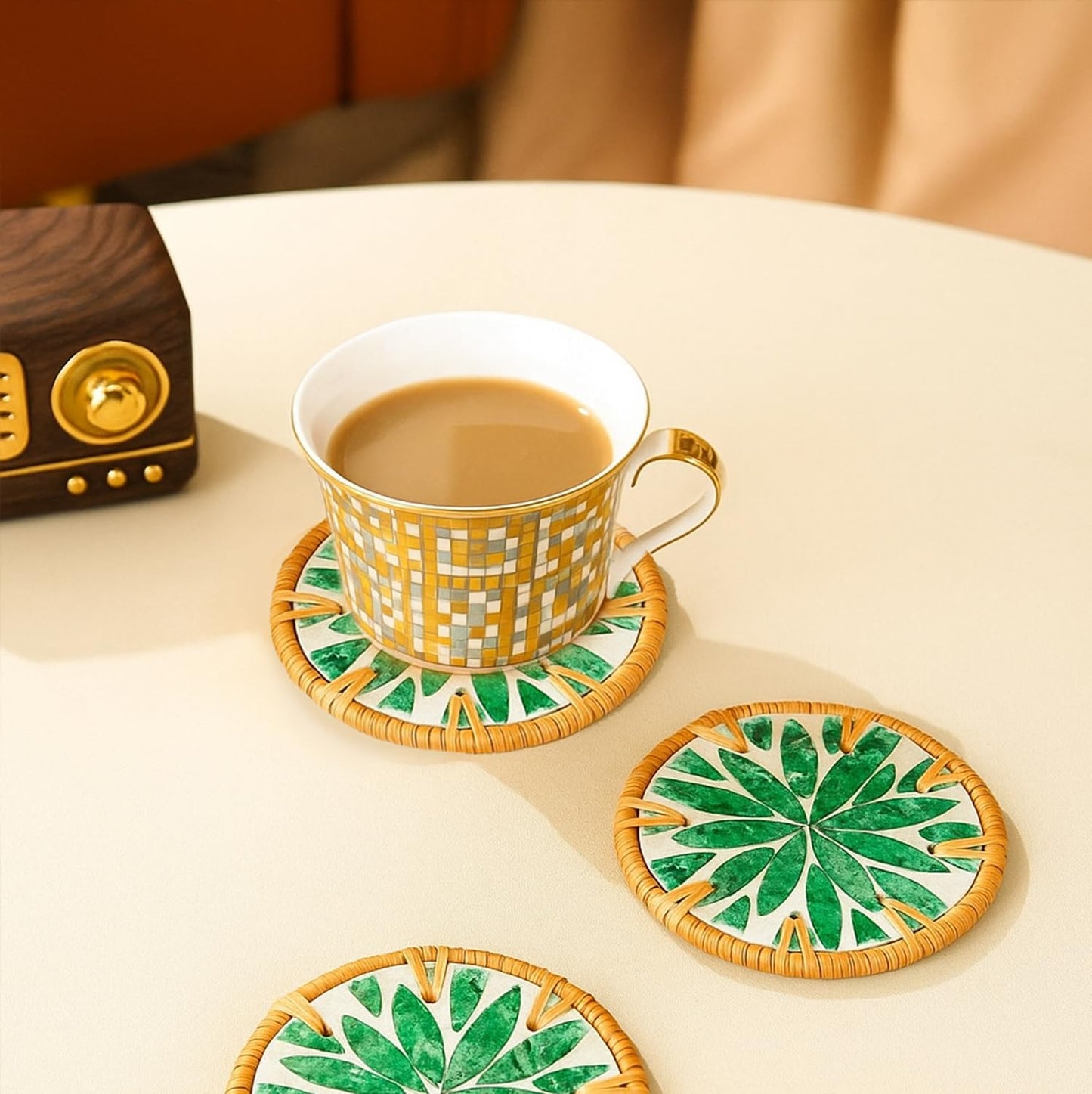 Holder Rattan & Mother of Pearl Drink Coasters / Botanical Green / Set of 6