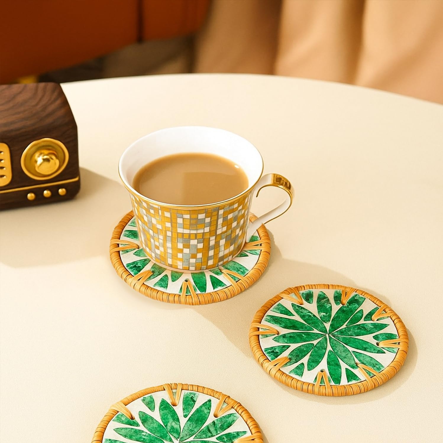 Holder Rattan & Mother of Pearl Drink Coasters / Botanical Green / Set of 6