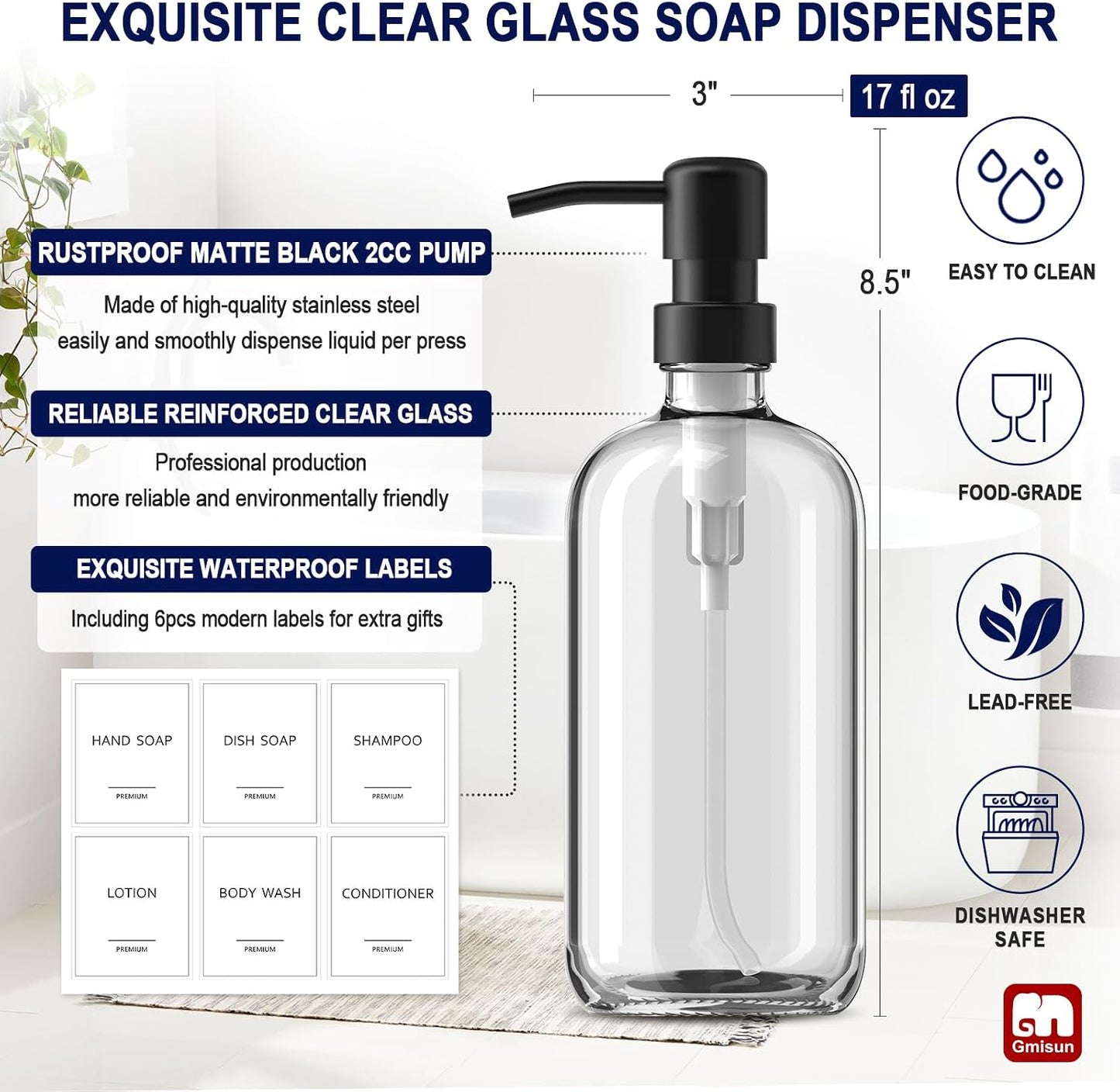 GMISUN Glass Soap Dispenser with Pump, 2 Pack Clear Bathroom Hand Soap Dispenser with Stainless Steel Pump, 17 Fl Oz