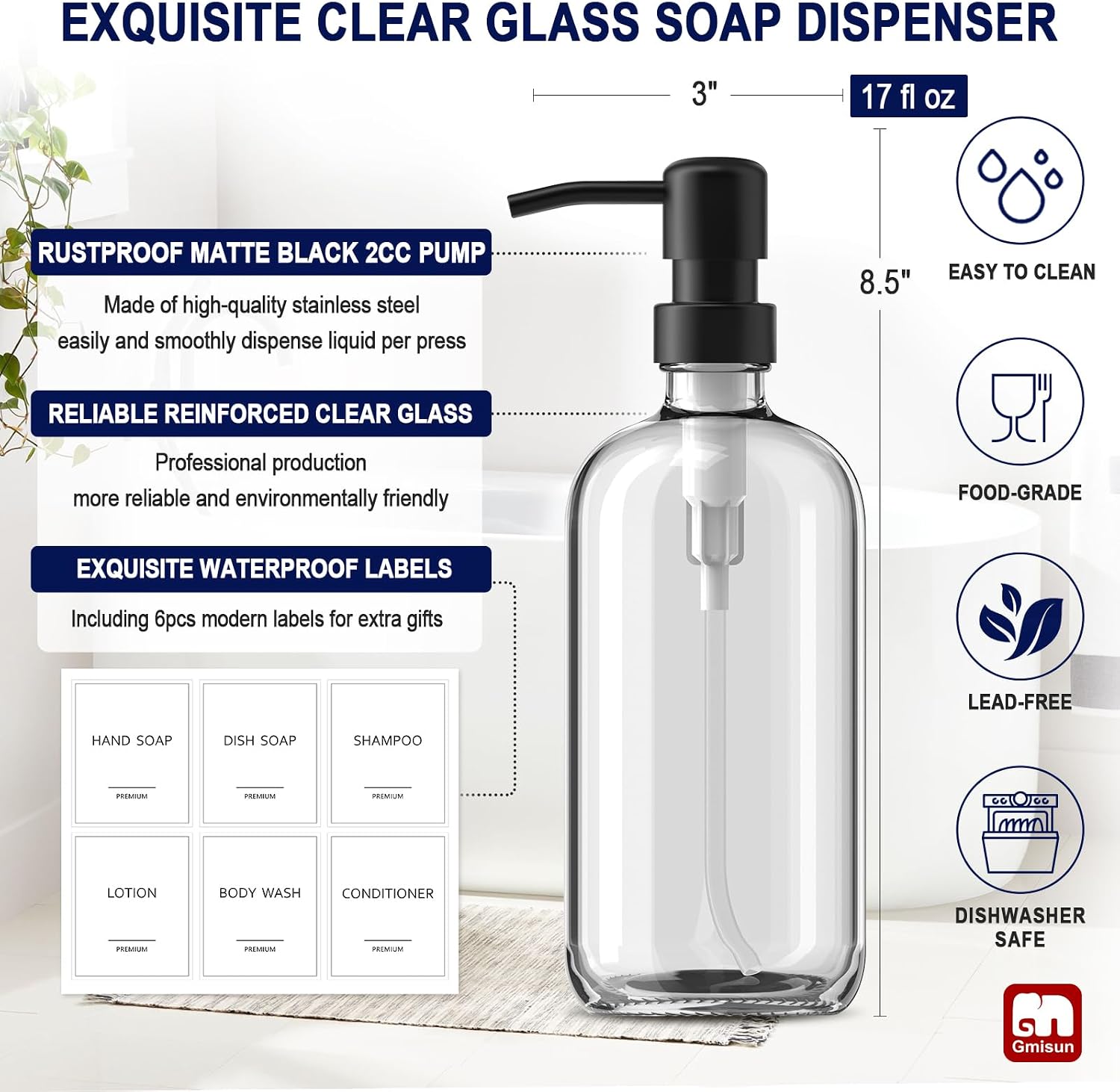 GMISUN Glass Soap Dispenser with Pump, 2 Pack Clear Bathroom Hand Soap Dispenser with Stainless Steel Pump, 17 Fl Oz
