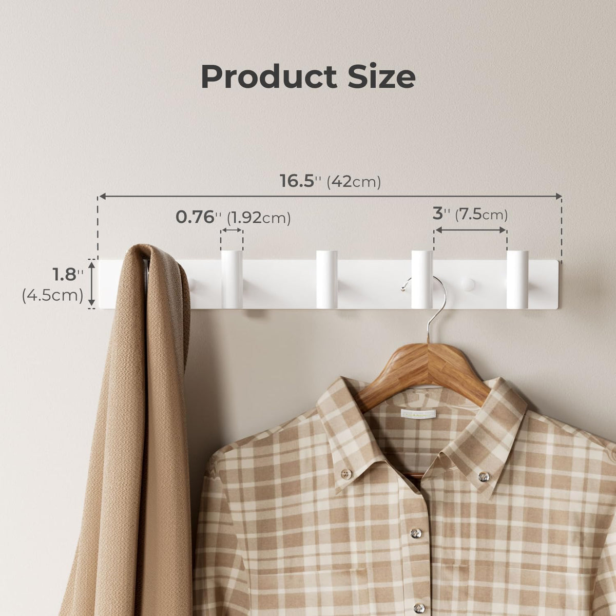 White Wall Mounted Coat Rack – 5 T-Shaped Hooks on 16.5" Rail, (2 Pack) | for Hanging Hats, Bags & Towels, Heavy-Duty