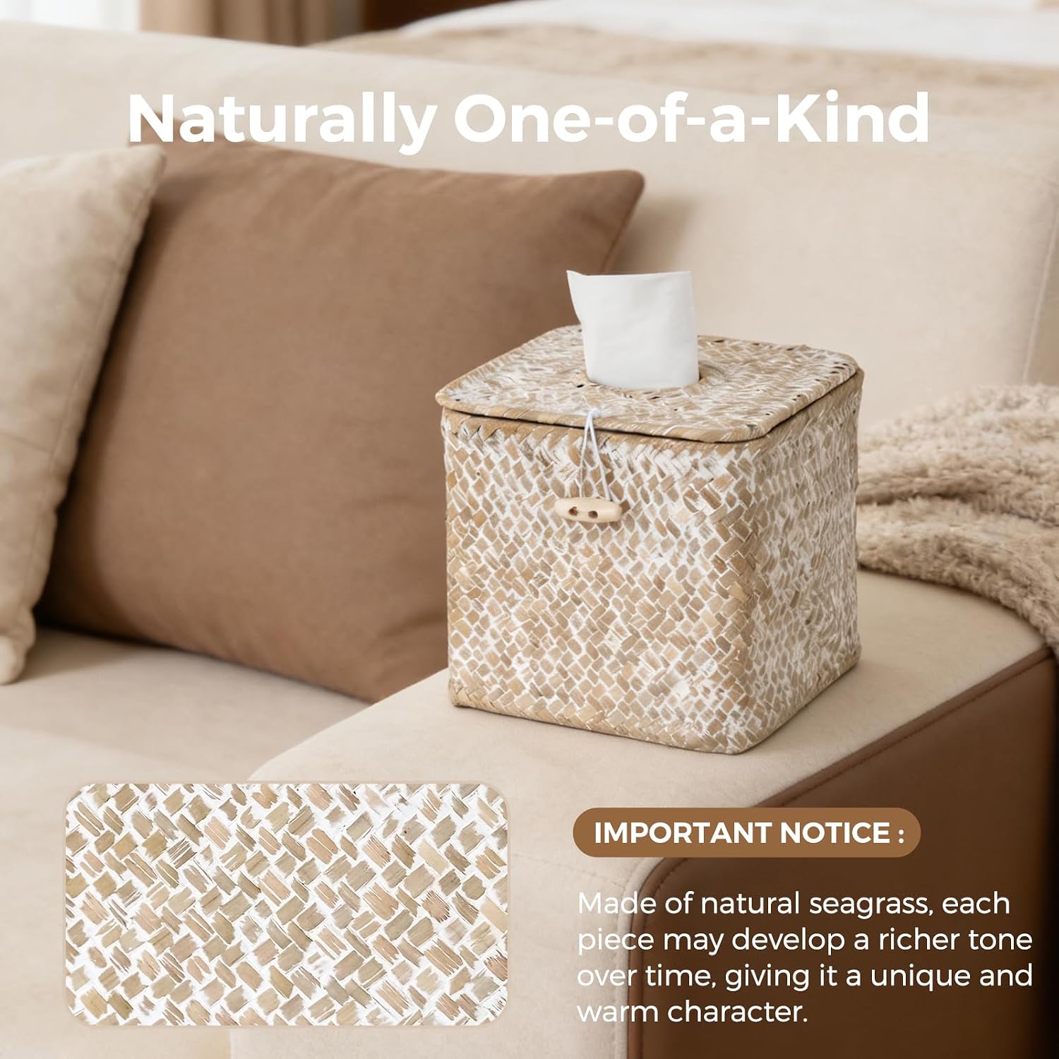 Woven Seagrass Tissue Box Holder / Whitewash / Square