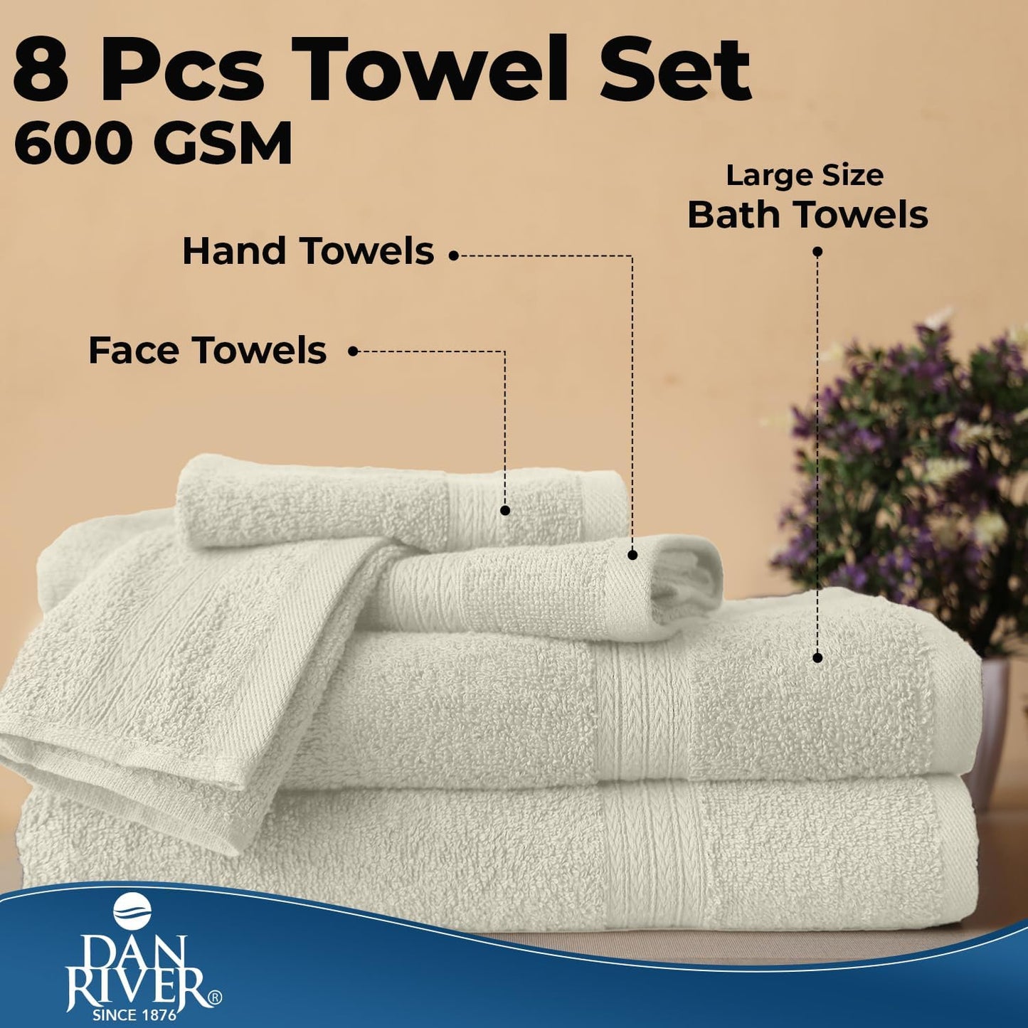 DAN RIVER 8 Piece Luxury Bath Towels for Bathroom, Towel Set, Ivory | 2 Bath towels, 2 Hand towels, and 4 Wash Cloths