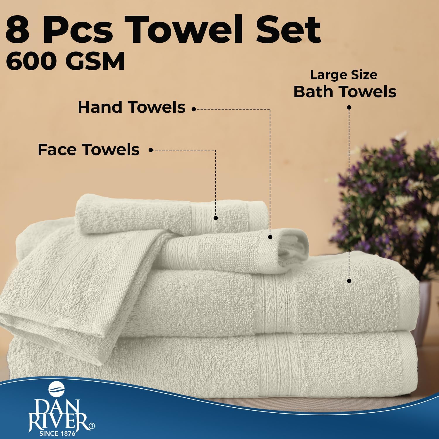 DAN RIVER 8 Piece Luxury Bath Towels for Bathroom, Towel Set, Ivory | 2 Bath towels, 2 Hand towels, and 4 Wash Cloths