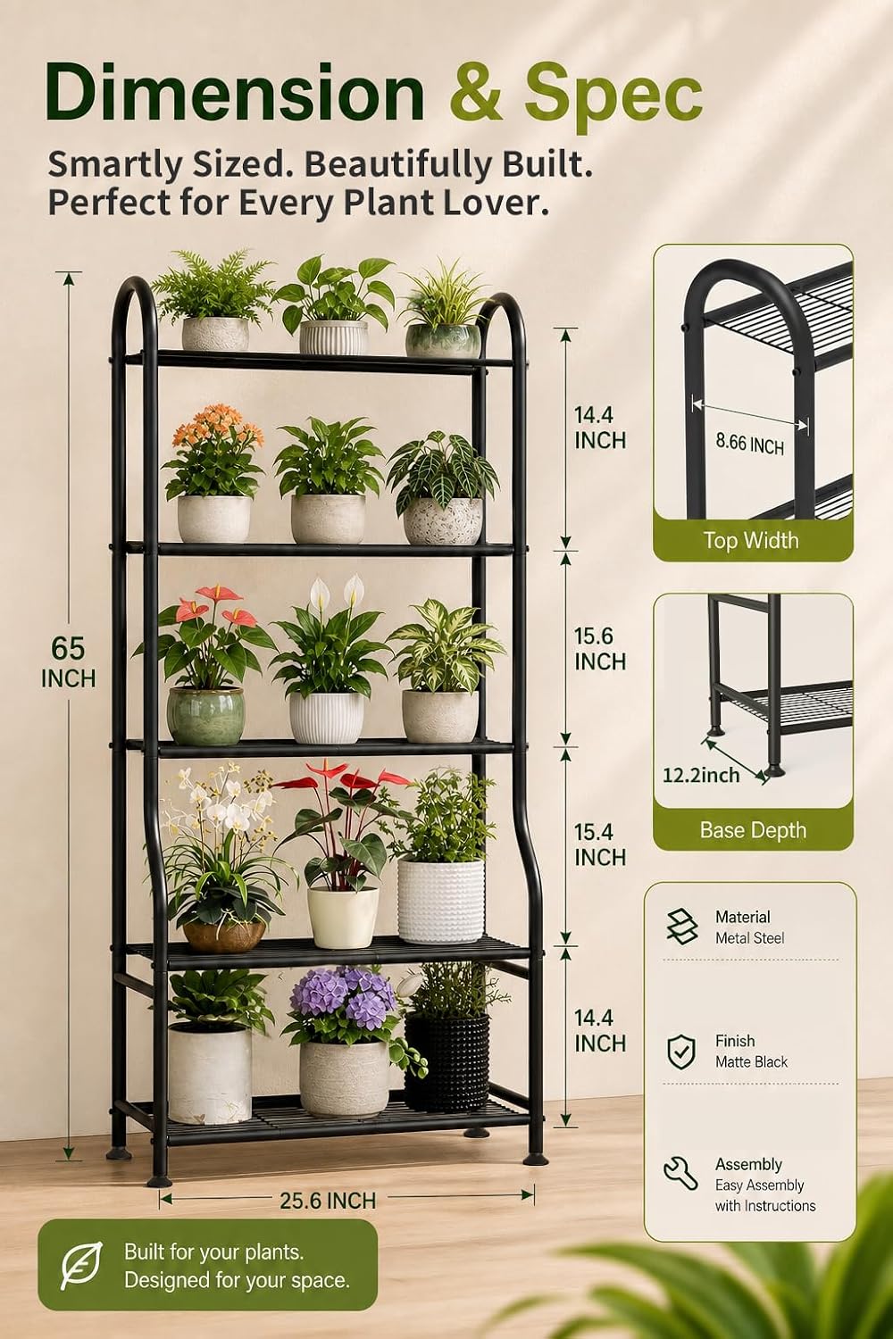 5-Tier Metal Plant Stand - Heavy Duty Indoor Outdoor Flower Shelf for Multiple Pots, 65" Tall Vertical Holder with